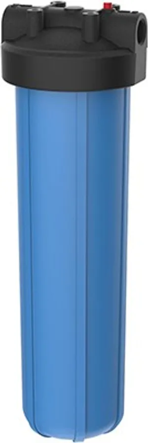 <p>Genuine Pentek 150233 Big Blue filter housing, sized for 20" x 4.5" heavy duty cartridges. Built for high-flow, heavy-sediment applications, this extra-large housing reduces the number of vessels needed for demanding flow-rate requirements. The black high-flow polypropylene (HFPP) cap has 1" female NPT inlet and outlet ports for fast connection to standard plumbing, plus an integrated pressure relief button on the inlet side for quick, safe cartridge changes. The reinforced polypropylene sump offers strong chemical compatibility for residential, commercial, and industrial use. NSF/ANSI Standard 42 certified for material and structural integrity. A dependable stocking item for dealers and installers supplying whole-house filtration and POE systems. Key specs: Part number - 150233 | Housing - Polypropylene (blue) | Cap - Polypropylene (HFPP, black) | O-Ring - Buna-N (151122) | Port size - 1" female NPT | Length - 20" | Cartridge compatibility - 20" x 4.5" | Max pressure - 90 psi (6.2 bar) | Max temperature - 100F | Pressure relief button included | NSF/ANSI 42 certified</p>