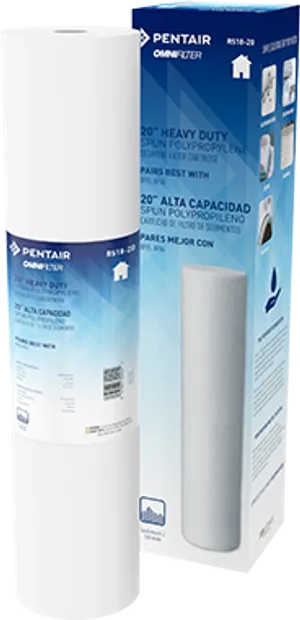 <p>The Pentair OMNIFilter RS18 is a heavy-duty spun polypropylene sediment cartridge built to reduce sand, dirt, sediment, and rust particles from whole-house water supplies. Manufactured from 100% pure polypropylene fibers, the RS18 uses a true gradient density design that traps sediment throughout the cartridge - not just on the outer layer - delivering better flow rates and reduced pressure drop compared to standard sediment cartridges.</p>
<p>Available in both 10" and 20" heavy-duty Big Blue sizes, the RS18 is a cost-effective solution for households dealing with sediment issues, and performs equally well on municipal or well water, chlorinated or non-chlorinated supplies.</p>
<p>Key Features:<br>- Heavy-duty spun polypropylene sediment cartridge<br>- Gradient density design traps sediment throughout the cartridge for better flow and lower pressure drop<br>- Reduces sand, dirt, sediment, and rust particles<br>- Manufactured from 100% pure polypropylene<br>- Suitable for municipal or well water, chlorinated or non-chlorinated<br>- Available in 10" (30,000 gallon capacity) and 20" (60,000 gallon capacity) sizes<br>- Replace every 6 months or when water pressure/quality drops<br>- Fits most 10" or 20" x 4.5" heavy-duty housings</p>
<p>Specifications:<br>Brand: Pentair<br>Product Line: OMNIFilter<br>Model: RS18<br>Size Options: 10" x 4.5" or 20" x 4.5" (Heavy Duty)<br>Filtration Rating: 50 microns<br>Media Type: Spun polypropylene (gradient density)<br>Capacity: 30,000 gallons (10") / 60,000 gallons (20")<br>Recommended Replacement: Every 6 months<br>Compatible Housings: OMNIFilter BF6, BF7, BF9C, BF35, BF36C (10"); BF55 (20"); fits most other heavy-duty housings of matching size<br>Water Type: Chlorinated or non-chlorinated, municipal or well</p>