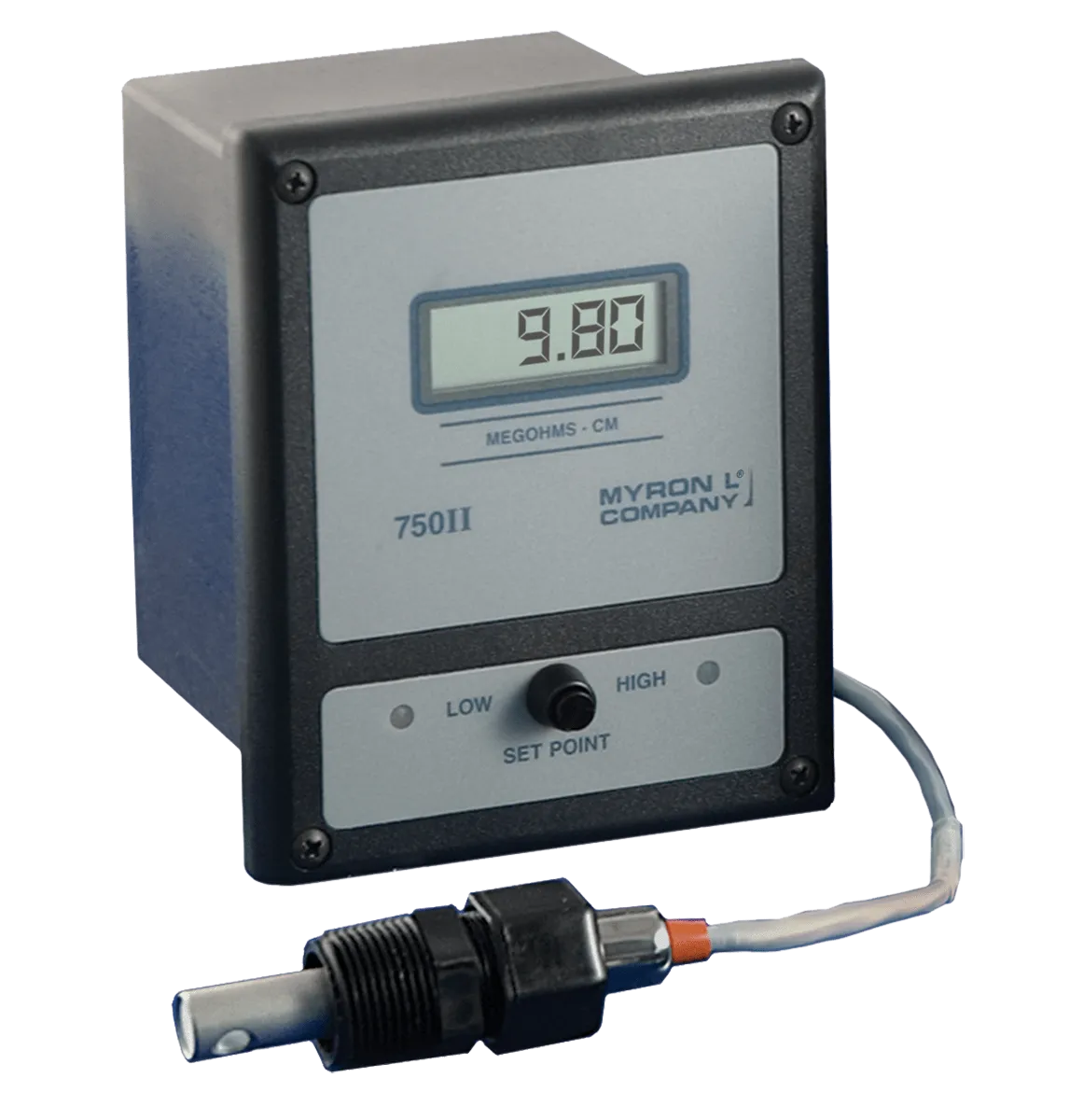 <h3>750 Series II Resistivity Sensor Specifications:</h3>
<ul>
<li>Constant: 0.05</li>
<li>Temperature Compensation:&nbsp; Two integral temperature sensors provide automatic TC to 25&ordm;C.</li>
<li>Pressure/Temp Limits:&nbsp; 100 psi/690 kPa @ 212&ordm;F/100&ordm;C.</li>
<li>Bushing: Modular Polypropylene threaded 3/4&rdquo; NPT. 1/2&rdquo; PVDF or 316 stainless steel fittings (optional).</li>
<li>Cable:&nbsp; Shielded 10 ft./3 meters standard; 25 and 100 ft./ 8 and 30 meter lengths available.</li>
<li>Dimensions: Metal portion 30 L x 13 Dia. mm/ 1.2 L x .5 Dia. in.; overall length 91 mm/3.6 in.</li>
</ul>
<h3>Resistivity Sensor &mdash; <strong>CS10</strong></h3>
<p>All 750&nbsp;Series&nbsp;II&nbsp;Resistivity models require a CS10 series sensor. This reliable sensor features two integral thermistors to ensure accurate and rapid automatic temperature compensation. The sturdy polypropylene standard bushing is modular for easy, inexpensive replacement. A PVDF or 316 stainless steel bushing can also be ordered. The metal portion is available in either 316 stainless steel (standard) or titanium.</p>
<table>
<tbody>
<tr>
<td><strong>Ranges</strong></td>
<td>7 ranges from 0-200K to 0-20M&Omega;</td>
</tr>
<tr>
<td>&nbsp;</td>
<td>See Price List for further details.</td>
</tr>
<tr>
<td><strong>Display</strong></td>
<td>Analog Models: 2.5 in./63 mm meter</td>
</tr>
<tr>
<td>&nbsp;</td>
<td>Digital Models: .5 in./13 mm 3&frac12; Digit LCD</td>
</tr>
<tr>
<td>&nbsp;</td>
<td>Digital Option: 3&frac12; Digit Backlit</td>
</tr>
<tr>
<td><strong>Accuracy</strong></td>
<td>Analog Models: &plusmn; 2% of full scale</td>
</tr>
<tr>
<td>&nbsp;</td>
<td>Digital Models: &plusmn; 1% of full scale</td>
</tr>
<tr>
<td><strong>Sensitivity</strong></td>
<td>0.05% of full scale</td>
</tr>
<tr>
<td><strong>Stability</strong></td>
<td>0.05% of full scale</td>
</tr>
<tr>
<td><strong>Repeatability</strong></td>
<td>0.1% of full scale</td>
</tr>
<tr>
<td><strong>Calibration Check</strong></td>
<td>Built-in</td>
</tr>
<tr>
<td><strong>Recorder Output</strong></td>
<td>0-10 VDC @ 5 mA max. (linear); standard all models</td>
</tr>
<tr>
<td><strong>Sensor Inputs</strong></td>
<td>1 (3 input option available)</td>
</tr>
<tr>
<td><strong>Control Function</strong></td>
<td>Single Alarm/controller fully adjustable 0-100% of full scale</td>
</tr>
<tr>
<td>&nbsp;</td>
<td>Hysteresis: Adjustable from 0.3-3% of full scale</td>
</tr>
<tr>
<td>&nbsp;</td>
<td>Indicators: Above (green) and below (red) setpoint LEDs (reversible)</td>
</tr>
<tr>
<td>&nbsp;</td>
<td>Contact Rating: SPDT 10 amp @ 250 VAC, 30 VDC. Relay operates decreasing or increasing reading (selectable).</td>
</tr>
<tr>
<td>&nbsp;</td>
<td>Second Alarm/controller, with above specifications &ndash; optional</td>
</tr>
<tr>
<td><strong>Solid State Output</strong></td>
<td>Powered; 24 VDC unregulated 30 mA max.</td>
</tr>
<tr>
<td><strong>Power</strong></td>
<td>115/230 VAC, 50/60 Hz, &plusmn;15% (user selectable)</td>
</tr>
<tr>
<td>&nbsp;</td>
<td>24 VAC optional</td>
</tr>
<tr>
<td><strong>Maximum Power Consumption</strong></td>
<td>@ 115V: 100 milliamps</td>
</tr>
<tr>
<td><strong>Dimensions</strong></td>
<td>152 H x 122 W x 96 D mm / 6 H x 4.8 W x 3.8 D in.</td>
</tr>
<tr>
<td><strong>Construction</strong></td>
<td>Fully gasketed heavy-duty ABS case; water resistant and corrosion proof IP65/NEMA 4X rated</td>
</tr>
<tr>
<td><strong>Ambient Temp Range</strong></td>
<td>0-60&deg;C / 32-140&deg;F</td>
</tr>
<tr>
<td><strong>Weight</strong></td>
<td>0,9 kg/2 lbs.</td>
</tr>
</tbody>
</table>