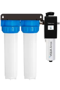 <div>
<div>
<div><strong>UV Water Treatment System</strong></div>
<div>
<p>Part Number: ARROS15-IHS22<br>Ideal For: Bacteria, Color, Smell, Turbidity/Cloudiness</p>
<table style="width: 52.0062%;">
<tbody>
<tr>
<td style="width: 26.5505%;">Connection Size</td>
<td style="width: 73.416%;">Inlet: 1&rdquo; FNPT, Outlet: (Combo Port) 1&rdquo; MNPT / &frac34;&rdquo; FNPT</td>
</tr>
<tr>
<td style="width: 26.5505%;">Dimensions</td>
<td style="width: 73.416%;">24.95&Prime; &times; 27.5&Prime; &times; 9.0&Prime; (63.4 cm &times; 69.9 cm &times; 22.9 cm)</td>
</tr>
<tr>
<td style="width: 26.5505%;">Flow Rate</td>
<td style="width: 73.416%;">30mJ/cm2: 15 gpm (56.8 lpm) 3.41 m&sup3;/hr</td>
</tr>
<tr>
<td style="width: 26.5505%;">Housing Details</td>
<td style="width: 73.416%;">Two 20&Prime; 3-piece housings</td>
</tr>
<tr>
<td style="width: 26.5505%;">Power Consumption</td>
<td style="width: 73.416%;">46 W</td>
</tr>
<tr>
<td style="width: 26.5505%;">Ship Wt. (lbs)</td>
<td style="width: 73.416%;">50lbs (22.7kg)</td>
</tr>
</tbody>
</table>
</div>
</div>
</div>