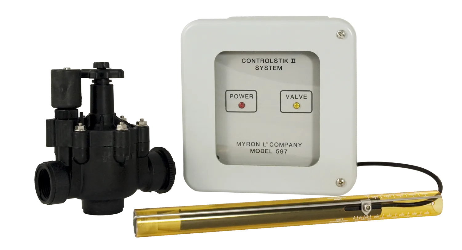 <h3>Engineering Specifications:</h3>
<p>Rinse water usage shall be minimized by means of automatic conductivity control systems. They shall consist of a temperature compensated conductivity sensor, corrosion resistant one-inch solenoid valve, and transformer box which safely reduces line power to the sensor. Enclosure shall be fiberglass with heavy rubber gasket and 316 stainless steel. Circuitry shall be solid-state, and unaffected by changes in voltage. Setpoint adjustment shall be on sensor to minimize tampering. Rinse tank controls shall be Myron&nbsp;L Model 597 or approved equal.</p>
<p>&nbsp;</p>
<h3>Transformer Box Specifications:</h3>
<table style="width: 85.5243%;">
<tbody>
<tr>
<td style="width: 25.294%;"><strong>Input Power</strong></td>
<td style="width: 74.6838%;">Choice of 110 or 220 VAC, 50/60 Hz;</td>
</tr>
<tr>
<td style="width: 25.294%;">&nbsp;</td>
<td style="width: 74.6838%;">Automatic voltage regulation insures operation of the systems from 105-125V or 210-250V respectively.</td>
</tr>
<tr>
<td style="width: 25.294%;"><strong>Output</strong></td>
<td style="width: 74.6838%;">24 volts @ 600 mA AC</td>
</tr>
<tr>
<td style="width: 25.294%;"><strong>Maximum Power Consumption</strong></td>
<td style="width: 74.6838%;">@ 117V: 12 watts (103 milliamps)</td>
</tr>
<tr>
<td style="width: 25.294%;"><strong>Enclosure</strong></td>
<td style="width: 74.6838%;">IP65/NEMA 4X fiberglass case with heavy gasket and 316 stainless steel hardware.</td>
</tr>
<tr>
<td style="width: 25.294%;"><strong>Lights</strong></td>
<td style="width: 74.6838%;">LEDs indicate POWER (red) and VALVE (yellow)</td>
</tr>
<tr>
<td style="width: 25.294%;"><strong>Electrical Installation</strong></td>
<td style="width: 74.6838%;">Either HARDWIRE with 5/8 in. conduit; or PLUG-IN with 8 ft./2,4 meter, 18 ga. 3-conductor plug.</td>
</tr>
<tr>
<td style="width: 25.294%;">&nbsp;</td>
<td style="width: 74.6838%;">(supplied with 110V systems only)</td>
</tr>
<tr>
<td style="width: 25.294%;"><strong>Mounting</strong></td>
<td style="width: 74.6838%;">Flange on enclosure for easy wall mounting</td>
</tr>
<tr>
<td style="width: 25.294%;"><strong>Dimensions</strong></td>
<td style="width: 74.6838%;">184 H x 197 W x 127 D mm/ 7.25 H x 7.75 W x 5 D in.</td>
</tr>
</tbody>
</table>
<p>&nbsp;</p>
<h3>Sensor Specifications:</h3>
<table>
<tbody>
<tr>
<td><strong>Ranges</strong></td>
<td>5-500 micromhos (for high quality water)</td>
</tr>
<tr>
<td>&nbsp;</td>
<td>500-5000 micromhos (for normal tap water)</td>
</tr>
<tr>
<td><strong>Power</strong></td>
<td>1 volt AC (from transformer box)</td>
</tr>
<tr>
<td><strong>On-Off Span</strong></td>
<td>Approximately 5% of setpoint</td>
</tr>
<tr>
<td><strong>Temperature Compensation</strong></td>
<td>Automatic to 25&deg;C/77&deg;F up to 82&deg;C/180&deg;F</td>
</tr>
<tr>
<td><strong>Materials</strong></td>
<td>Epoxy and 316 stainless steel</td>
</tr>
<tr>
<td><strong>Cable</strong></td>
<td>10 ft./3 meter 22 ga., 4-conductor, vinyl jacketed</td>
</tr>
<tr>
<td><strong>Installation</strong></td>
<td>Corrosion-proof ABS bracket supplied</td>
</tr>
<tr>
<td><strong>Dimensions</strong></td>
<td>304 L x 25 Dia. mm/12 L x 1 Dia. in.</td>
</tr>
</tbody>
</table>
<p>&nbsp;</p>
<h3>Solenoid Valve Specifications:</h3>
<table>
<tbody>
<tr>
<td><strong>Size</strong></td>
<td>1 in. NPT normally closed; compatible with plastic or metal piping</td>
</tr>
<tr>
<td><strong>Power</strong></td>
<td>24 volts @ 200 mA AC</td>
</tr>
<tr>
<td>&nbsp;</td>
<td>(from transformer box)</td>
</tr>
<tr>
<td><strong>Materials</strong></td>
<td>Body: glass reinforced nylon</td>
</tr>
<tr>
<td>&nbsp;</td>
<td>Diaphragm: nylon reinforced BUNA N synthetic rubber</td>
</tr>
<tr>
<td>&nbsp;</td>
<td>All exposed metal: stainless steel</td>
</tr>
<tr>
<td><strong>Operating Pressure</strong></td>
<td>10-100 psi / 0,69-6,90 bar</td>
</tr>
<tr>
<td><strong>Miscellaneous</strong></td>
<td>adjustable flow control</td>
</tr>
<tr>
<td>&nbsp;</td>
<td>manual override</td>
</tr>
<tr>
<td>&nbsp;</td>
<td>anti-hammer closing</td>
</tr>
<tr>
<td>&nbsp;</td>
<td>conduit connector</td>
</tr>
</tbody>
</table>