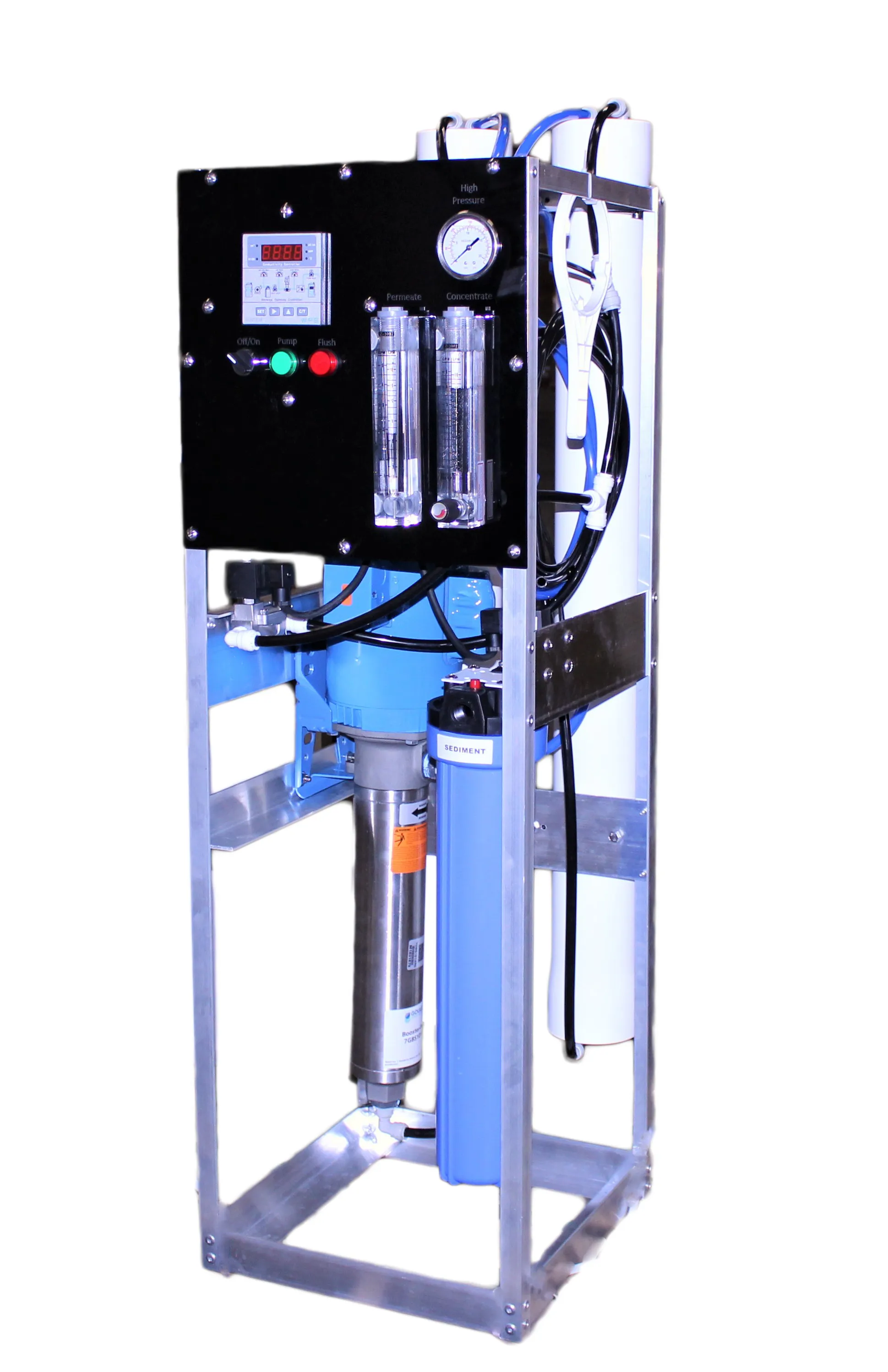 <p>Item Part: DERO-G2</p>
<p>Capacity: 4000GPD</p>
<p>Membranes: 2</p>
<p>with stainless steel vessels or PRFV vessels</p>
<p>Pump: Multistage</p>
<p>Power Supply Options: 220V / 60 Hz Single phase</p>
<p><strong>Reverse Osmosis </strong>is a water purification technology that uses a semi-permeate membrane to separate dissolved and suspended components such as salts, large ions or molecules, and bacteria, from the water. Reverse Osmosis is used both in industrial processes and for the production of drinking water</p>