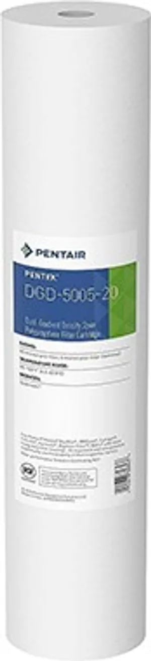 <p dir="ltr"><strong>Key Specs:</strong></p>
<p>Item #: 155358-43 (DGD-5005-20)<br>Dimensions: 20" x 4.5" (Big Blue)<br>Filtration: 50-micron pre-filter / 5-micron post-filter (dual-gradient)<br>Material: 100% spun polypropylene<br>Flow Rate: &lt;1 PSI drop @ 20 GPM<br>Temp Rating: 40&deg;F&ndash;145&deg;F (4.4&deg;C&ndash;62.8&deg;C)<br>Certification: NSF/ANSI Standard 42<br>Compatible Housings: Pentek Big Blue, 3M/Cuno, Culligan, Filterite, Harmsco, Keystone Filter, Watts</p>
<p>&nbsp;</p>
<p>Reduce heavy sediment loads with a single cartridge using the Pentek DGD-5005-20 dual-gradient density filter (Item #155358-43). Built for standard 20" Big Blue filter housings, this cartridge combines two filtration stages in one: a 50-micron nominal outer wrap for pre-filtration and a 5-micron nominal inner core for fine final filtration &mdash; eliminating the need for a separate step-down filtration system in your home.</p>
<p>Made from 100% pure polypropylene, the DGD-5005-20 delivers up to three times the dirt-holding capacity of standard spun or string-wound cartridges of the same size, making it ideal for surface water, well water, and other high-sediment-load applications. The polypropylene construction is highly resistant to chemicals and bacteria, and won't impart any taste, color, or odor to filtered water.</p>
<p>The dual-gradient design lets water pass through progressively finer layers, capturing sand, silt, rust, and scale particles while maintaining strong flow rates and long filter life &mdash; with an initial pressure drop of less than 1 PSI at 20 GPM. It's a direct-fit replacement for Pentek, 3M/Cuno, Culligan, Filterite, Harmsco, Keystone Filter, Watts, and most other heavy duty Big Blue housings, and is well-suited for residential, rural, commercial, or municipal water systems.</p>