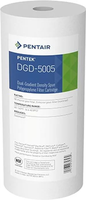 <h3>Specs:</h3>
<p>Item #: 155357-43 (DGD-5005)<br>Dimensions: 10" x 4.5" (Big Blue)<br>Filtration: 50-micron pre-filter / 5-micron post-filter (dual-gradient)<br>Material: 100% spun polypropylene<br>Flow Rate: Up to 10 GPM<br>Temp Rating: Up to 165&deg;F (varies by source; verify with housing spec)<br>Core: Polypropylene<br>Compatible Housings: Pentek Big Blue and most standard 10" x 4.5" heavy duty housings</p>
<p>&nbsp;</p>
<p>Get high-capacity sediment filtration in a compact 10" cartridge with the Pentek DGD-5005 (Item #155357-43). Sized for standard 10" Big Blue filter housings, this dual-gradient density cartridge combines a 50-micron nominal outer pre-filter layer with a 5-micron nominal inner post-filter layer in a single unit &mdash; eliminating the need for a separate step-down filtration system.</p>
<p>Made from 100% pure polypropylene, the DGD-5005 offers up to three times the dirt-holding capacity of standard spun or string-wound cartridges of the same size, with an effective filter depth of 233% compared to conventional designs. The graded density construction reduces particle load progressively as water passes through, supporting a flow rate of up to 10 GPM while keeping pressure drop low and extending time between cartridge changes.</p>
<p>Resistant to chemicals and bacteria, the DGD-5005 won't impart taste, odor, or color to filtered water, making it a reliable choice for residential, rural, commercial, or municipal applications. It's a direct-fit replacement for Pentek Big Blue and most other standard 10" x 4.5" heavy duty filter housings, effectively reducing sand, silt, rust, and scale particles from your water supply.</p>