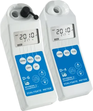 <h3>General Specifications:</h3>
<table>
<tbody>
<tr>
<td><strong>Display:</strong> 4 Digit LCD</td>
</tr>
<tr>
<td><strong>Dimensions (LxWxH):</strong> 196 x 68 x 64 mm/7.7 x 2.7 x 2.5 in.</td>
</tr>
<tr>
<td><strong>Weight:</strong> 352 g/12.4 oz.</td>
</tr>
<tr>
<td><strong>Case Material:</strong> VALOX&reg;*</td>
</tr>
<tr>
<td><strong>Cond/Res/TDS Cell Material:</strong> VALOX&reg;*</td>
</tr>
<tr>
<td><strong>Cond/TDS Electrodes (4):</strong> 316 Stainless Steel</td>
</tr>
<tr>
<td><strong>Cond/Res/TDS Cell Capacity:</strong> 5 ml/0.2 oz.</td>
</tr>
<tr>
<td><strong>pH/ORP Sensor Well Capacity:</strong> 1,2 ml/0.04 oz. (D-6)</td>
</tr>
<tr>
<td><strong>Power:</strong> 9V Alkaline Battery</td>
</tr>
<tr>
<td><strong>Battery Life:</strong> &gt;100 Hours/5000 Readings</td>
</tr>
<tr>
<td><strong>Operating/Storage Temperature:</strong> 0-55&deg;C/32-131&deg;F</td>
</tr>
<tr>
<td><strong>Protection Ratings: </strong>IP67/NEMA 6 (waterproof to 1 meter/3 feet)</td>
</tr>
<tr>
<td><strong>Chemical Resistance: </strong>Resistant to hydrocarbons, dilute acids and bases, detergents, and aqueous salt solutions</td>
</tr>
<tr>
<td><strong>EMI/EMC Ratings (Conformit&eacute; Europ&eacute;enne):</strong> IEC 61326-1: 2020; CISPR 11: 2015 +A1: 2016 +A2: 2019; IEC 61000-4-2: 2008; IEC 61000-4-3: 2010; IEC 61000-4-8: 2009; (EU) 2015/863 (RoHS3): +(EU) 2024/232</td>
</tr>
<tr>
<td><strong>Flammability:</strong> PCB: UL94, V.0; Case: HB/1.47 or better</td>
</tr>
</tbody>
</table>
<h6>* &reg; Sabic Innovative Plastics</h6>
<h3><strong>Functional Specifications:</strong></h3>
<table>
<tbody>
<tr>
<td><strong>Conductivity</strong></td>
<td>Range: 0&ndash;9999 &mu;S/cm; 10&ndash;200 mS/cm; in 5 autoranges</td>
</tr>
<tr>
<td>&nbsp;</td>
<td>Resolution: 0.01(&lt;100 &mu;S); 0.1(&lt;1000 &mu;S); 1.0(&lt;10 mS); 0.01(&lt;100 mS); 0.1(&lt;200 mS)</td>
</tr>
<tr>
<td>&nbsp;</td>
<td>Accuracy: &plusmn;1% of reading</td>
</tr>
<tr>
<td>&nbsp;</td>
<td>Auto Temperature Compensation: 0&ndash;71&deg;C / 32&ndash;160&deg;F</td>
</tr>
<tr>
<td>&nbsp;</td>
<td>Conductivity/TDS Ratios Preprogrammed: KCl, 442*, NaCl</td>
</tr>
<tr>
<td><strong>TDS</strong></td>
<td>Range: 0&ndash;9999 ppm; 10&ndash;200 ppt; in 5 autoranges</td>
</tr>
<tr>
<td>&nbsp;</td>
<td>Resolution: 0.01(&lt;100 ppm); 0.1(&lt;1000 ppm); 1.0(&lt;10 ppt); 0.01(&lt;100 ppt); 0.1(&lt;200 ppt)</td>
</tr>
<tr>
<td>&nbsp;</td>
<td>Accuracy: &plusmn;1% of reading</td>
</tr>
<tr>
<td>&nbsp;</td>
<td>Auto Temperature Compensation: 0&ndash;71&deg;C / 32&ndash;160&deg;F</td>
</tr>
<tr>
<td>&nbsp;</td>
<td>Conductivity/TDS Ratios Preprogrammed: KCl, 442*, NaCl</td>
</tr>
<tr>
<td><strong>Resistivity</strong></td>
<td>Range: 10K&Omega;&ndash;30M&Omega;</td>
</tr>
<tr>
<td>&nbsp;</td>
<td>Resolution: 0.01(&lt;100 K&Omega;); 0.1(&lt;1000 K&Omega;); 0.1(&gt;1 M&Omega;)</td>
</tr>
<tr>
<td>&nbsp;</td>
<td>Accuracy: &plusmn;1% of reading</td>
</tr>
<tr>
<td>&nbsp;</td>
<td>Auto Temperature Compensation: 0&ndash;71&deg;C / 32&ndash;160&deg;F</td>
</tr>
<tr>
<td><strong>pH (D-6)</strong></td>
<td>Range: 0&ndash;14 pH</td>
</tr>
<tr>
<td>&nbsp;</td>
<td>Resolution: 0.01 pH</td>
</tr>
<tr>
<td>&nbsp;</td>
<td>Accuracy**: &plusmn;0.01 pH</td>
</tr>
<tr>
<td>&nbsp;</td>
<td>Auto Temperature Compensation: 0&ndash;71&deg;C / 32&ndash;160&deg;F</td>
</tr>
<tr>
<td><strong>ORP (D-6)</strong></td>
<td>Range: &plusmn;999 mV</td>
</tr>
<tr>
<td>&nbsp;</td>
<td>Resolution: 1mV</td>
</tr>
<tr>
<td>&nbsp;</td>
<td>Accuracy**: &plusmn;1 mV</td>
</tr>
<tr>
<td><strong>Free Chlorine FC<sup>E&trade;</sup> (D-6)</strong></td>
<td>Range: 0.2&ndash;9.99 ppm when 350&le;ORPmV&lt;725 and 0.0&le;pH&lt;9.9 and when 725&le;ORPmV&lt;825 and 0.0&le;pH&lt;8.9</td>
</tr>
<tr>
<td>&nbsp;</td>
<td>Resolution: 0.01ppm</td>
</tr>
<tr>
<td>&nbsp;</td>
<td>Accuracy**: &lt;1.00 ppm &plusmn;0.3 ppm; &ge;1.00 ppm &plusmn;0.2 ppm</td>
</tr>
<tr>
<td><strong>Temperature</strong></td>
<td>Range: 0&ndash;71&deg;C / 32&ndash;160&deg;F</td>
</tr>
<tr>
<td>&nbsp;</td>
<td>Resolution: 0.1&deg;C/F</td>
</tr>
<tr>
<td>&nbsp;</td>
<td>Accuracy: &plusmn;0.1&deg;C</td>
</tr>
</tbody>
</table>
<h6>*442 Natural Water Standard&trade; Myron L&reg; Company<br>**EM Susceptibility: When measuring 4.00 pH Buffer in 3.5 molar KCl:<br>&nbsp;&nbsp;&nbsp;&nbsp;&nbsp;&nbsp;&nbsp;&nbsp;&plusmn; 0.2 pH in the presence or RF fields &ge; 3 V/m.<br>&nbsp;&nbsp;&nbsp;&nbsp;&nbsp;&nbsp;&nbsp;&nbsp;&plusmn; 0.37 pH in the presence of RF fields &ge; 3 V/m at 300 MHz (&plusmn; 30 MHz) and 625 MHz (&plusmn; 50 MHz ).</h6>