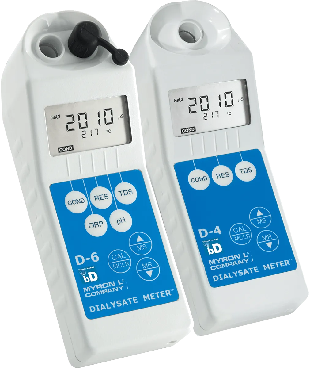 <h3>General Specifications:</h3>
<table>
<tbody>
<tr>
<td><strong>Display:</strong> 4 Digit LCD</td>
</tr>
<tr>
<td><strong>Dimensions (LxWxH):</strong> 196 x 68 x 64 mm/7.7 x 2.7 x 2.5 in.</td>
</tr>
<tr>
<td><strong>Weight:</strong> 352 g/12.4 oz.</td>
</tr>
<tr>
<td><strong>Case Material:</strong> VALOX&reg;*</td>
</tr>
<tr>
<td><strong>Cond/Res/TDS Cell Material:</strong> VALOX&reg;*</td>
</tr>
<tr>
<td><strong>Cond/TDS Electrodes (4):</strong> 316 Stainless Steel</td>
</tr>
<tr>
<td><strong>Cond/Res/TDS Cell Capacity:</strong> 5 ml/0.2 oz.</td>
</tr>
<tr>
<td><strong>pH/ORP Sensor Well Capacity:</strong> 1,2 ml/0.04 oz. (D-6)</td>
</tr>
<tr>
<td><strong>Power:</strong> 9V Alkaline Battery</td>
</tr>
<tr>
<td><strong>Battery Life:</strong> &gt;100 Hours/5000 Readings</td>
</tr>
<tr>
<td><strong>Operating/Storage Temperature:</strong> 0-55&deg;C/32-131&deg;F</td>
</tr>
<tr>
<td><strong>Protection Ratings: </strong>IP67/NEMA 6 (waterproof to 1 meter/3 feet)</td>
</tr>
<tr>
<td><strong>Chemical Resistance: </strong>Resistant to hydrocarbons, dilute acids and bases, detergents, and aqueous salt solutions</td>
</tr>
<tr>
<td><strong>EMI/EMC Ratings (Conformit&eacute; Europ&eacute;enne):</strong> IEC 61326-1: 2020; CISPR 11: 2015 +A1: 2016 +A2: 2019; IEC 61000-4-2: 2008; IEC 61000-4-3: 2010; IEC 61000-4-8: 2009; (EU) 2015/863 (RoHS3): +(EU) 2024/232</td>
</tr>
<tr>
<td><strong>Flammability:</strong> PCB: UL94, V.0; Case: HB/1.47 or better</td>
</tr>
</tbody>
</table>
<h6>* &reg; Sabic Innovative Plastics</h6>
<h3><strong>Functional Specifications:</strong></h3>
<table>
<tbody>
<tr>
<td><strong>Conductivity</strong></td>
<td>Range: 0&ndash;9999 &mu;S/cm; 10&ndash;200 mS/cm; in 5 autoranges</td>
</tr>
<tr>
<td>&nbsp;</td>
<td>Resolution: 0.01(&lt;100 &mu;S); 0.1(&lt;1000 &mu;S); 1.0(&lt;10 mS); 0.01(&lt;100 mS); 0.1(&lt;200 mS)</td>
</tr>
<tr>
<td>&nbsp;</td>
<td>Accuracy: &plusmn;1% of reading</td>
</tr>
<tr>
<td>&nbsp;</td>
<td>Auto Temperature Compensation: 0&ndash;71&deg;C / 32&ndash;160&deg;F</td>
</tr>
<tr>
<td>&nbsp;</td>
<td>Conductivity/TDS Ratios Preprogrammed: KCl, 442*, NaCl</td>
</tr>
<tr>
<td><strong>TDS</strong></td>
<td>Range: 0&ndash;9999 ppm; 10&ndash;200 ppt; in 5 autoranges</td>
</tr>
<tr>
<td>&nbsp;</td>
<td>Resolution: 0.01(&lt;100 ppm); 0.1(&lt;1000 ppm); 1.0(&lt;10 ppt); 0.01(&lt;100 ppt); 0.1(&lt;200 ppt)</td>
</tr>
<tr>
<td>&nbsp;</td>
<td>Accuracy: &plusmn;1% of reading</td>
</tr>
<tr>
<td>&nbsp;</td>
<td>Auto Temperature Compensation: 0&ndash;71&deg;C / 32&ndash;160&deg;F</td>
</tr>
<tr>
<td>&nbsp;</td>
<td>Conductivity/TDS Ratios Preprogrammed: KCl, 442*, NaCl</td>
</tr>
<tr>
<td><strong>Resistivity</strong></td>
<td>Range: 10K&Omega;&ndash;30M&Omega;</td>
</tr>
<tr>
<td>&nbsp;</td>
<td>Resolution: 0.01(&lt;100 K&Omega;); 0.1(&lt;1000 K&Omega;); 0.1(&gt;1 M&Omega;)</td>
</tr>
<tr>
<td>&nbsp;</td>
<td>Accuracy: &plusmn;1% of reading</td>
</tr>
<tr>
<td>&nbsp;</td>
<td>Auto Temperature Compensation: 0&ndash;71&deg;C / 32&ndash;160&deg;F</td>
</tr>
<tr>
<td><strong>pH (D-6)</strong></td>
<td>Range: 0&ndash;14 pH</td>
</tr>
<tr>
<td>&nbsp;</td>
<td>Resolution: 0.01 pH</td>
</tr>
<tr>
<td>&nbsp;</td>
<td>Accuracy**: &plusmn;0.01 pH</td>
</tr>
<tr>
<td>&nbsp;</td>
<td>Auto Temperature Compensation: 0&ndash;71&deg;C / 32&ndash;160&deg;F</td>
</tr>
<tr>
<td><strong>ORP (D-6)</strong></td>
<td>Range: &plusmn;999 mV</td>
</tr>
<tr>
<td>&nbsp;</td>
<td>Resolution: 1mV</td>
</tr>
<tr>
<td>&nbsp;</td>
<td>Accuracy**: &plusmn;1 mV</td>
</tr>
<tr>
<td><strong>Free Chlorine FC<sup>E&trade;</sup> (D-6)</strong></td>
<td>Range: 0.2&ndash;9.99 ppm when 350&le;ORPmV&lt;725 and 0.0&le;pH&lt;9.9 and when 725&le;ORPmV&lt;825 and 0.0&le;pH&lt;8.9</td>
</tr>
<tr>
<td>&nbsp;</td>
<td>Resolution: 0.01ppm</td>
</tr>
<tr>
<td>&nbsp;</td>
<td>Accuracy**: &lt;1.00 ppm &plusmn;0.3 ppm; &ge;1.00 ppm &plusmn;0.2 ppm</td>
</tr>
<tr>
<td><strong>Temperature</strong></td>
<td>Range: 0&ndash;71&deg;C / 32&ndash;160&deg;F</td>
</tr>
<tr>
<td>&nbsp;</td>
<td>Resolution: 0.1&deg;C/F</td>
</tr>
<tr>
<td>&nbsp;</td>
<td>Accuracy: &plusmn;0.1&deg;C</td>
</tr>
</tbody>
</table>
<h6>*442 Natural Water Standard&trade; Myron L&reg; Company<br>**EM Susceptibility: When measuring 4.00 pH Buffer in 3.5 molar KCl:<br>&nbsp;&nbsp;&nbsp;&nbsp;&nbsp;&nbsp;&nbsp;&nbsp;&plusmn; 0.2 pH in the presence or RF fields &ge; 3 V/m.<br>&nbsp;&nbsp;&nbsp;&nbsp;&nbsp;&nbsp;&nbsp;&nbsp;&plusmn; 0.37 pH in the presence of RF fields &ge; 3 V/m at 300 MHz (&plusmn; 30 MHz) and 625 MHz (&plusmn; 50 MHz ).</h6>
