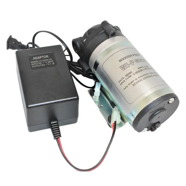 <p>Open Flow: 0.48 GPM<br>Pressure: 100 PSI<br>Connection: ⅜&rdquo; FNPT or &frac14;&rdquo; OD tube quick fitting<br>36 VDC &ndash; 0.22 AMP</p>
<table id="tablepress-76" class="tablepress tablepress-id-76">
<thead>
<tr class="row-1 odd">
<th class="column-1" style="text-align: left;">Item Part</th>
<th class="column-2">Transformer</th>
</tr>
</thead>
<tbody class="row-hover">
<tr class="row-2 even">
<td class="column-1" style="text-align: left;"><strong>PUMP-RO</strong></td>
<td class="column-2">No transformer</td>
</tr>
<tr class="row-3 odd">
<td class="column-1" style="text-align: left;"><strong>PUMP-110</strong></td>
<td class="column-2">110 V</td>
</tr>
<tr class="row-4 even">
<td class="column-1" style="text-align: left;"><strong>PUMP-220</strong></td>
<td class="column-2">220 V</td>
</tr>
</tbody>
</table>