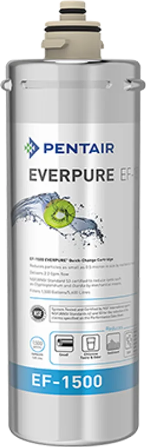 <p>Item #: EV985850 (EF-1500)<br>Flow Rate: 2.2 GPM (full flow)<br>Filtration: 0.5 micron nominal (mechanical)<br>Capacity: ~1,500 gallons (replace annually)<br>Reduces: Lead, chlorine taste &amp; odor, dirt/cloudiness, cysts (Cryptosporidium, Giardia)<br>Certification: NSF/ANSI Standard 53 (cyst reduction); NSF/ANSI 42 &amp; 53 (system-level)<br>Housing: Commercial-grade metal canister, 1/4-turn connection<br>Made In: USA</p>
<p>&nbsp;</p>
<p>Bring commercial-grade water filtration to any tap in your home with the Pentair Everpure EF-1500 replacement cartridge (Item #EV985850). Designed for full flow performance at 2.2 GPM &mdash; matching the pressure of a standard faucet &mdash; this cartridge delivers clean, great-tasting water without the need for a dedicated filtered-water faucet, making it ideal for bathroom sinks, wet bars, coffee makers, ice makers, and prep sinks.</p>
<p>The EF-1500 uses advanced 0.5-micron filtration to mechanically reduce lead, chlorine taste and odor, dirt, and cloudiness, while its NSF/ANSI Standard 53 certification confirms effective reduction of cysts such as Cryptosporidium and Giardia. The filter media is also treated to inhibit biofilm and microbial buildup, helping preserve cartridge performance and filter life over its full 1,500-gallon capacity.</p>
<p>Housed in a commercial-grade metal canister that resists splitting or bursting, the EF-1500 features a built-in water shut-off and quick 1/4-turn cartridge connection for fast, mess-free replacements. It also helps prevent lime and scale buildup in water-using appliances while retaining the natural minerals that keep water tasting fresh. Replace annually, or sooner depending on local water conditions and usage.</p>
