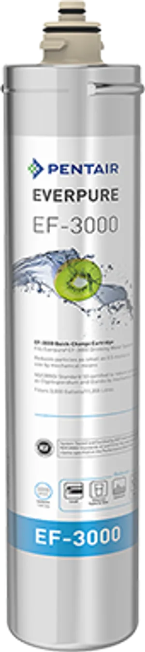 <p>The Pentair Everpure EF-3000 replacement cartridge brings the same commercial-grade water filtration trusted by restaurants nationwide to every regular tap in the home - without the need for a dedicated drinking water faucet. Its compact canister size makes the EF-3000 system ideal for installations where space is limited, while still delivering full-flow filtered water throughout the home.</p>
<p>The EF-3000 reduces lead, chlorine taste and odor, dirt, cloudiness, and more down to particles as small as 0.5 microns, and is NSF/ANSI Standard 53 certified to reduce cysts such as Cryptosporidium and Giardia. It's also NSF/ANSI Standard 401 certified for the reduction of incidental contaminants and emerging compounds. The filtration process retains vital minerals naturally found in water, preserving taste while helping prevent lime and scale buildup in water-using appliances.</p>
<p>Like other Everpure H-Series and EF-Series cartridges, the EF-3000 features a built-in water shut-off for fast, mess-free cartridge changes, and is housed in Pentair's signature commercial-grade metal canister for durability against splitting or bursting. With a 3,000-gallon capacity, the EF-3000 offers significantly higher capacity than the H-300, suited to whole-home full-flow applications with greater water usage.</p>
<p>Key Features:<br>- Full-flow filtration for every regular tap, not just a dedicated drinking faucet<br>- Reduces lead, chlorine taste &amp; odor, dirt, cloudiness, and more to 0.5 microns<br>- NSF/ANSI Standard 53 certified to reduce cysts (Cryptosporidium, Giardia)<br>- NSF/ANSI Standard 401 certified for incidental contaminants/emerging compounds<br>- Retains vital minerals naturally found in water<br>- Helps prevent lime and scale buildup in water-using appliances<br>- Built-in water shut-off for fast, tool-free cartridge changes<br>- Compact canister size ideal for space-limited installations<br>- 3,000-gallon capacity - significantly higher than the H-300's 300 gallons<br>- Made in the USA in a commercial-grade metal container</p>
<p>Specifications:<br>Brand: Pentair Everpure<br>Model: EF-3000 (Part No. EV985750; 6-pack EV985756)<br>Filtration Rating: 0.5 micron<br>Capacity: 3,000 gallons<br>Certification: NSF/ANSI Standard 53 and 401<br>Design: Quick-Change with built-in water shut-off<br>Compatible System: Pentair Everpure EF-3000 Full Flow Drinking Water System<br>Country of Origin: USA</p>