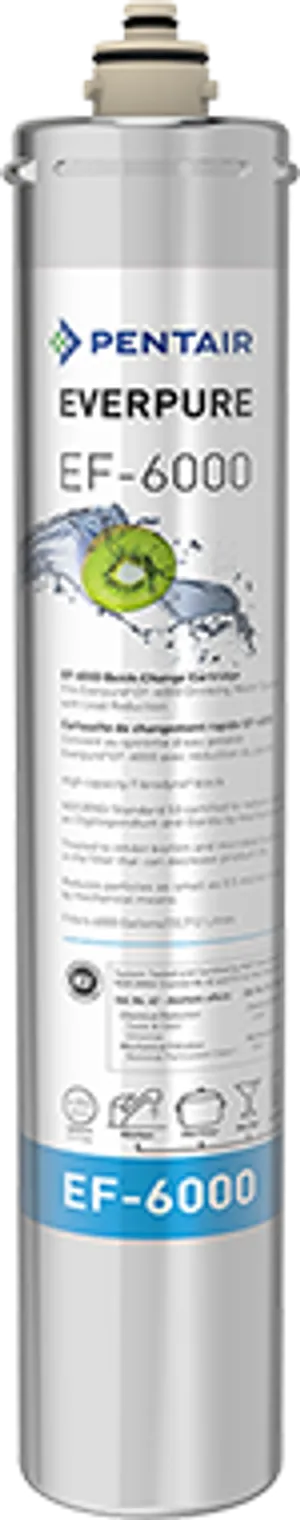 <p>Item #: EV985550 (EF-6000)<br>Flow Rate: 2.2 GPM (full flow)<br>Filtration: 0.5 micron nominal (mechanical/pleated design)<br>Capacity: 6,000 gallons (replace annually)<br>Reduces: Lead, chlorine taste &amp; odor, dirt/cloudiness, microplastics, cysts (Cryptosporidium, Giardia)<br>Certification: NSF/ANSI Standards 42, 53, and 401<br>Housing: Commercial-grade metal canister, 1/4-turn connection<br>Application: Family kitchen or other high-capacity taps</p>
<p>Bring high-capacity, commercial-grade filtration to your family kitchen with the Pentair Everpure EF-6000 replacement cartridge (Item #EV985550). Designed for full flow performance at 2.2 GPM &mdash; matching the pressure of your existing faucet &mdash; this cartridge delivers clean, great-tasting water without the need for a separate filtered-water faucet, making it ideal for high-capacity areas throughout the home.</p>
<p>The EF-6000 uses a unique pleated filtration design to mechanically reduce particles as small as 0.5 microns, effectively lowering lead, chlorine taste and odor, dirt, cloudiness, and microplastics, while its NSF/ANSI Standard 53 certification confirms reliable reduction of cysts such as Cryptosporidium and Giardia. The filter media is also treated to inhibit biofilm and microbial buildup, helping preserve performance and filter life across its full capacity.</p>
<p>Rated for 6,000 gallons &mdash; roughly a full year of use for most households &mdash; the EF-6000 is triple certified to NSF/ANSI Standards 42, 53, and 401 for comprehensive contaminant reduction. Housed in Everpure's signature commercial-grade metal canister for durability, it features a built-in water shut-off and 1/4-turn cartridge connection for fast, mess-free replacements, while retaining the natural minerals that keep water tasting fresh.</p>