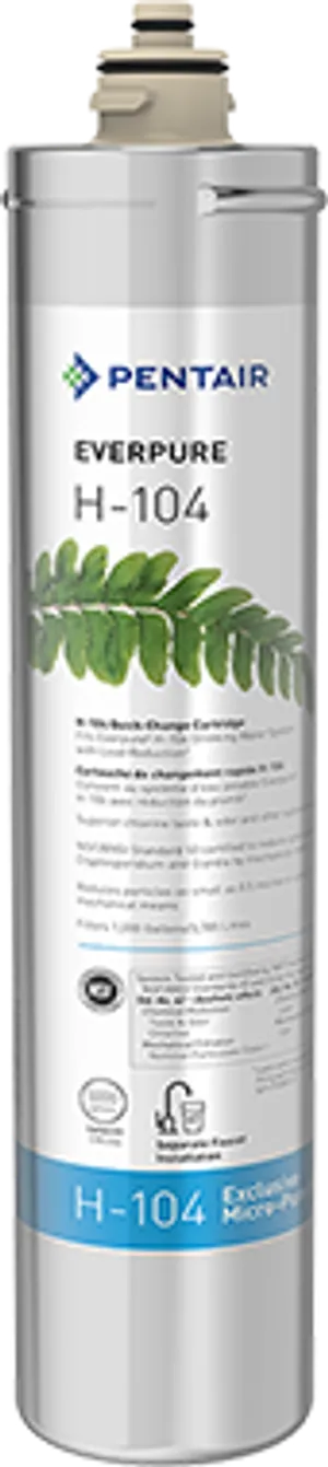 <p>Item #: EV961211 (H-104)<br>Flow Rate: 0.5 GPM<br>Filtration: 0.5 micron nominal (Micro-Pure pleated media)<br>Capacity: 1,000 gallons (replace annually or at rated capacity)<br>Dimensions: 5" x 20"<br>Reduces: Chlorine taste &amp; odor, lead, dirt/cloudiness, oxidized iron/manganese/sulfides, cysts (Cryptosporidium, Giardia), scale<br>Certification: NSF/ANSI Standards 42 and 53<br>Temp Range: 35&deg;F&ndash;100&deg;F | Pressure Range: 10&ndash;125 psi<br>Housing: Commercial-grade metal canister<br>Made In: USA</p>
<p>Bring commercial-grade water filtration to your kitchen with the Pentair Everpure H-104 replacement cartridge (Item #EV961211). One of Everpure's best-selling residential filters, the H-104 combines exclusive Micro-Pure filtering material with a pleated filter membrane, delivering a large filtering surface area for longer filter life and consistent performance at a compact 5" x 20" footprint that fits comfortably under most kitchen sinks.</p>
<p>The H-104 mechanically reduces particles as small as 0.5 microns, effectively lowering chlorine taste and odor, lead, dirt and cloudiness, oxidized iron, manganese, and sulfides, along with earthy, moldy, or fishy off-tastes. It's NSF/ANSI Standard 53 certified to reduce cysts such as Cryptosporidium and Giardia, and helps prevent limescale buildup in water-using appliances &mdash; all while retaining the natural minerals that keep water tasting clean and crisp.</p>
<p>Rated for 1,000 gallons &mdash; equivalent to roughly 7,573 single-use plastic water bottles &mdash; the H-104 should be replaced annually, at rated capacity, or when flow noticeably diminishes. Housed in Everpure's signature commercial-grade metal canister, it's NSF certified under both NSF/ANSI Standard 42 and 53, and made in the USA.</p>