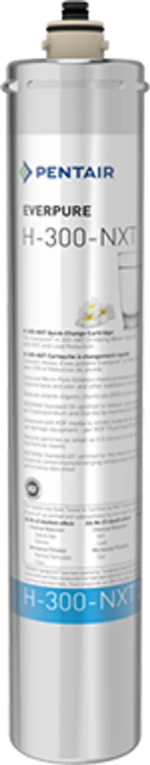 <p>Item #: EV927441 (H-300-NXT)<br>Flow Rate: 0.5 GPM<br>Micron Rating: 0.5 micron<br>Capacity: 300 gallons (replace 1-2x/year)<br>Reduces: Lead, chlorine taste &amp; odor, chloramines, VOCs/THMs, cysts (Cryptosporidium, Giardia), pharmaceuticals, BPA, scale<br>Certification: NSF/ANSI Standard 401 (emerging contaminants), NSF/ANSI Standard 53 (cysts)<br>Temp Range: 35&deg;F&ndash;100&deg;F (2&deg;C&ndash;38&deg;C) &mdash; cold water use only<br>Pressure Range: 10&ndash;125 psi<br>Housing: Commercial-grade metal canister<br>Made In: USA</p>
<p>Bring commercial-grade water filtration home with the Pentair Everpure H-300-NXT replacement cartridge (Item #EV927441). Built on the trusted technology of the top-selling H-300, the H-300-NXT was the first cartridge of its kind certified by NSF to NSF/ANSI Standard 401 for the reduction of emerging contaminants &mdash; including pharmaceuticals, over-the-counter medications, herbicides, pesticides, and manufacturing chemicals like BPA.</p>
<p>The H-300-NXT uses Everpure's exclusive precoat filtration technology, combining Micro-Pure media with a unique pleated filter membrane that's 30% larger than the standard H-300 filter for enhanced contaminant reduction and extended service life. It effectively reduces lead below the Federal Action Level, chlorine taste and odor, chloramines, VOCs, and cysts such as Cryptosporidium and Giardia (NSF/ANSI Standard 53 certified), while KDF media helps inhibit scale buildup that can damage water-using appliances.</p>
<p>Rated for 300 gallons of capacity at a controlled 0.5 GPM flow rate, the H-300-NXT should be replaced 1&ndash;2 times per year for continued peak performance. Housed in a commercial-grade metal canister that resists splitting or bursting, it's made in the USA and quick-change designed for fast, simple cartridge replacement.</p>