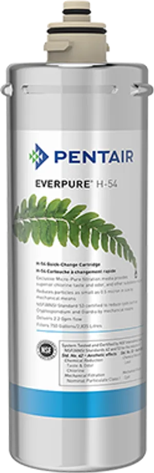 <p>Item #: EV925268 (H-54)<br>Flow Rate: 0.5 GPM (controlled)<br>Filtration: 0.5 micron nominal (Micro-Pure pleated media)<br>Capacity: 750 gallons (replace annually or when flow slows)<br>Dimensions: 5"W x 15"H x 5"D (requires 2.5" clearance)<br>Reduces: Chlorine taste &amp; odor, lead, dirt/cloudiness, oxidized iron/manganese/sulfides, cysts (Cryptosporidium, Giardia), scale<br>Certification: NSF/ANSI Standards 42 and 53<br>Housing: Commercial-grade metal canister<br>Made In: USA</p>
<p>Bring commercial-grade water filtration to your home with the Pentair Everpure H-54 replacement cartridge (Item #EV925268). One of Everpure's best-selling residential filters, the H-54 combines exclusive Micro-Pure filtering material with a unique pleated filter membrane, delivering a large filtering surface area for longer filter life and consistent performance in a compact design.</p>
<p>The H-54 mechanically reduces particles as small as 0.5 microns, effectively lowering chlorine taste and odor, lead, sediment, dirt and cloudiness, and oxidized iron, manganese, and sulfides, while adsorbing earthy, moldy, or fishy off-tastes. It's NSF/ANSI Standard 53 certified to reduce cysts such as Cryptosporidium and Giardia, and helps prevent limescale buildup in water-using appliances &mdash; all while retaining the natural minerals that keep water tasting clean and crisp.</p>
<p>Rated for 750 gallons at a controlled 0.5 GPM flow rate, the H-54 should be replaced annually, when capacity is reached, or when flow becomes noticeably slower. Housed in Everpure's signature commercial-grade metal canister, it's NSF certified under both NSF/ANSI Standard 42 and 53, and made in the USA.</p>