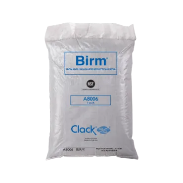 <p>NSF/ANSI/CAN 61</p>
<p>Clack Birm&reg; is a granular filter media commonly used for the reduction of iron and/or manganese from water supplies.</p>
<ul>
<li>Under the proper conditions, no chemicals to purchase for maintenance. Regenerant not required.</li>
<li>Iron removal efficiency is extremely high.</li>
<li>Negligible labor cost: only periodic backwashing required.</li>
<li>Durable material with a long life and wide temperature range.</li>
<li>Weighs only 36-38 lbs./cu. ft.</li>
</ul>
<table>
<thead>
<tr>
<td>Physical properties</td>
<td>&nbsp;</td>
</tr>
<tr>
<td>Bulk Density</td>
<td>36-38 lbs./cu. ft.</td>
</tr>
<tr>
<td>Effective Size</td>
<td>0.48 mm</td>
</tr>
<tr>
<td>Uniformity Coefficient</td>
<td>2.7</td>
</tr>
<tr>
<td>Mesh Size</td>
<td>12 x 50</td>
</tr>
<tr>
<td>Specific Gravity</td>
<td>2.0 gm/cc</td>
</tr>
<tr>
<td>Color</td>
<td>Black</td>
</tr>
</thead>
</table>
<table style="width: 34.9812%;">
<thead>
<tr>
<td style="width: 30.578%;">Conditions for operation</td>
<td style="width: 69.3599%;">&nbsp;</td>
</tr>
<tr>
<td style="width: 30.578%;">Bed depth</td>
<td style="width: 69.3599%;">24-36 in. <br>10-18 in multibed filters</td>
</tr>
<tr>
<td style="width: 30.578%;">Freeboard</td>
<td style="width: 69.3599%;">50% of bed depth (min.)</td>
</tr>
<tr>
<td style="width: 30.578%;">Service flow rate</td>
<td style="width: 69.3599%;">5 gpm/sq. ft. or higher depending upon local conditions</td>
</tr>
<tr>
<td style="width: 30.578%;">Backwash flow rate</td>
<td style="width: 69.3599%;">12-18 gpm/sq. ft.</td>
</tr>
<tr>
<td style="width: 30.578%;">Backwash bed expansion</td>
<td style="width: 69.3599%;">
<p>20-40% of bed depth</p>
</td>
</tr>
</thead>
</table>
<p>CONTACT US NOW FOR YOUR PALLET OF BIRM</p>
<p>&nbsp;</p>