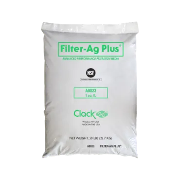 <table>
<tbody>
<tr>
<td>Bulk Density</td>
<td>50 lbs/cu.ft</td>
</tr>
<tr>
<td>Effective Size</td>
<td>0.55mm</td>
</tr>
<tr>
<td>Uniformity Coefficient</td>
<td>1.8</td>
</tr>
<tr>
<td>Mesh Size</td>
<td>14 x 30</td>
</tr>
<tr>
<td>Specific Gravity</td>
<td>2.2 g/cc</td>
</tr>
<tr>
<td>Hardness</td>
<td>4-5 (Mohs Scale)</td>
</tr>
<tr>
<td>Color</td>
<td>White to off white</td>
</tr>
</tbody>
</table>
<table>
<thead>
<tr>
<td>Conditions for operation</td>
<td>&nbsp;</td>
</tr>
<tr>
<td>Water pH range</td>
<td>Wide range</td>
</tr>
<tr>
<td>Maximum Water Temperature</td>
<td>140˚F/60˚C (media can be steam cleaned)</td>
</tr>
<tr>
<td>Bed depth</td>
<td>24&rdquo;-48&rdquo; (36&rdquo; for optimal filtration)</td>
</tr>
<tr>
<td>Freeboard</td>
<td>50% of bed depth</td>
</tr>
<tr>
<td>Service flow rate</td>
<td>6-15 gpm/sq.ft. with intermittant peak flow 20 gpm/ sq.ft.</td>
</tr>
<tr>
<td>Backwash flow rate</td>
<td>14-18 gpm/ sq.ft.</td>
</tr>
<tr>
<td>Backwash bed expansion</td>
<td>30-40% of bed depth</td>
</tr>
<tr>
<td>Other</td>
<td>Influent water quality and effluent requirements may affect operating parameters<br>A gravel support bed is required<br>Allow bed to saturate before initial backwash</td>
</tr>
</thead>
</table>
<table style="width: 74.8836%;">
<thead>
<tr>
<td style="width: 15.6537%;">Code</td>
<td style="width: 30.5959%;">Model</td>
<td style="width: 20.6345%;">Cu. Ft./Bag</td>
<td style="width: 33.2642%;">Weight/Cu. Ft.<br><em>Lbs (Approximate)</em></td>
</tr>
<tr>
<td style="width: 15.6537%;">A8023</td>
<td style="width: 30.5959%;"><strong>Filter-Ag Plus&reg;</strong></td>
<td style="width: 20.6345%;">1</td>
<td style="width: 33.2642%;">50</td>
</tr>
</thead>
</table>