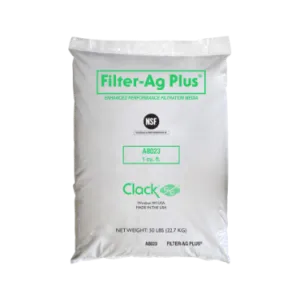 <table>
<tbody>
<tr>
<td>Bulk Density</td>
<td>50 lbs/cu.ft</td>
</tr>
<tr>
<td>Effective Size</td>
<td>0.55mm</td>
</tr>
<tr>
<td>Uniformity Coefficient</td>
<td>1.8</td>
</tr>
<tr>
<td>Mesh Size</td>
<td>14 x 30</td>
</tr>
<tr>
<td>Specific Gravity</td>
<td>2.2 g/cc</td>
</tr>
<tr>
<td>Hardness</td>
<td>4-5 (Mohs Scale)</td>
</tr>
<tr>
<td>Color</td>
<td>White to off white</td>
</tr>
</tbody>
</table>
<table>
<thead>
<tr>
<td>Conditions for operation</td>
<td>&nbsp;</td>
</tr>
<tr>
<td>Water pH range</td>
<td>Wide range</td>
</tr>
<tr>
<td>Maximum Water Temperature</td>
<td>140˚F/60˚C (media can be steam cleaned)</td>
</tr>
<tr>
<td>Bed depth</td>
<td>24&rdquo;-48&rdquo; (36&rdquo; for optimal filtration)</td>
</tr>
<tr>
<td>Freeboard</td>
<td>50% of bed depth</td>
</tr>
<tr>
<td>Service flow rate</td>
<td>6-15 gpm/sq.ft. with intermittant peak flow 20 gpm/ sq.ft.</td>
</tr>
<tr>
<td>Backwash flow rate</td>
<td>14-18 gpm/ sq.ft.</td>
</tr>
<tr>
<td>Backwash bed expansion</td>
<td>30-40% of bed depth</td>
</tr>
<tr>
<td>Other</td>
<td>Influent water quality and effluent requirements may affect operating parameters<br>A gravel support bed is required<br>Allow bed to saturate before initial backwash</td>
</tr>
</thead>
</table>
<table style="width: 74.8836%;">
<thead>
<tr>
<td style="width: 15.6537%;">Code</td>
<td style="width: 30.5959%;">Model</td>
<td style="width: 20.6345%;">Cu. Ft./Bag</td>
<td style="width: 33.2642%;">Weight/Cu. Ft.<br><em>Lbs (Approximate)</em></td>
</tr>
<tr>
<td style="width: 15.6537%;">A8023</td>
<td style="width: 30.5959%;"><strong>Filter-Ag Plus&reg;</strong></td>
<td style="width: 20.6345%;">1</td>
<td style="width: 33.2642%;">50</td>
</tr>
</thead>
</table>