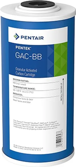 <p dir="ltr">Upgrade your whole house filtration system with the Pentek GAC-BB replacement cartridge (Item <code>#155153</code>-43), a granular activated carbon (GAC) filter designed for 10" Big Blue and other 10" heavy duty filter housings. Built for medium households (2&ndash;4 occupants), this cartridge is engineered to reduce chlorine taste and odor and general bad taste and odor, delivering noticeably cleaner, better-tasting water at every tap.</p>
<p dir="ltr">The GAC-BB uses a radial-flow design that channels water through the full length of the carbon bed, maximizing water-to-carbon contact time for more effective adsorption. An internal expansion pad minimizes channeling and bypass, while a permanently fastened post-filter reduces carbon fines and suspended particles before water exits the cartridge &mdash; so you get consistent filtration without extra fine sediment in your water.</p>
<p dir="ltr">Rated for a flow rate of 2 GPM and a total capacity of approximately 12,000&ndash;12,500 gallons, the GAC-BB is recommended for replacement every three months or sooner if you notice a drop in water pressure or filtered water quality. It's a direct-fit replacement for any standard 10" x 4.5" carbon filter cartridge, making it a simple, drop-in upgrade for existing housings. Filter media is NSF International tested and certified for reliable, consistent performance.</p>
<p dir="ltr"><strong>Key Specs:</strong></p>
<ul dir="ltr">
<li>Item #: 155153-43 (GAC-BB)</li>
<li>Media: Granular Activated Carbon (GAC)</li>
<li>Dimensions: 10" x 4.5"</li>
<li>Flow Rate: 2 GPM</li>
<li>Capacity: ~12,000&ndash;12,500 gallons</li>
<li>Application: Medium household (2&ndash;4 occupants)</li>
<li>Certification: NSF International tested &amp; certified</li>
<li>Available Pack Sizes: 1-pack, 2-pack, 8-pack</li>
</ul>