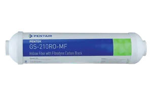 <p>The Pentek GS-210RO-MF is an inline reverse osmosis post filter that combines hollow fiber membrane technology with Pentair's Fiberdyne carbon media to deliver an added layer of protection after RO filtration. This dual-technology design reduces heterotrophic bacteria and chlorine, giving RO systems a final polish stage that goes beyond standard carbon-only post filters.</p>
<p>Each GS-210RO-MF cartridge is manufactured to meet Pentair's strict factory performance requirements prior to shipment, and the inline design simplifies retrofitting or upgrading existing RO systems without major plumbing changes. The cartridge is NSF/ANSI Standard 53 certified to reduce cysts such as Cryptosporidium and Giardia by mechanical means, adding meaningful protection to the final stage of drinking water treatment.</p>
<p>With 1/4" FNPT threaded connections, the GS-210RO-MF is designed for straightforward installation into compatible undersink RO systems as a post-filter upgrade or replacement.</p>
<p>Key Features:<br>- Hollow fiber membrane combined with Fiberdyne carbon technology<br>- Reduces heterotrophic bacteria and chlorine after RO filtration<br>- NSF/ANSI Standard 53 certified to reduce cysts (Cryptosporidium, Giardia) by mechanical means<br>- Inline design simplifies retrofit and upgrade of existing RO systems<br>- Performance claims backed by third-party testing<br>- 1/4" FNPT threaded connections for straightforward installation<br>- Factory-tested to strict performance requirements prior to shipment</p>
<p>Specifications:<br>Brand: Pentair<br>Product Line: Pentek GS Series<br>Model: GS-210RO-MF<br>Size: 2.5" x 11" inline cartridge<br>Filter Technology: Hollow fiber membrane + Fiberdyne granular activated carbon<br>Connections: 1/4" FNPT threaded<br>Certification: NSF/ANSI Standard 53 (cyst reduction, mechanical means)<br>Function: RO system post-filter/polishing stage<br>Typical Application: Final-stage filtration in undersink reverse osmosis systems</p>