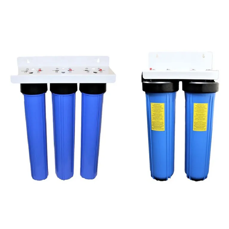 <p>Completely assembled<br>Includes blue housings and bracket</p>
<p>Cartridges are not included: choose any filtration media on each stage!</p>
<table id="tablepress-69" class="tablepress tablepress-id-69 small-table">
<thead>
<tr class="row-1 odd">
<th class="column-1">Item Part</th>
<th class="column-2">No of housings</th>
<th class="column-3">Cartridge Size</th>
<th class="column-4">Type</th>
</tr>
</thead>
<tbody class="row-hover">
<tr class="row-2 even">
<td class="column-1">XL-2</td>
<td class="column-2">2</td>
<td class="column-3">2.5&rdquo; x 20&rdquo;</td>
<td class="column-4">Double</td>
</tr>
<tr class="row-3 odd">
<td class="column-1">XL-3</td>
<td class="column-2">3</td>
<td class="column-3">2.5&rdquo; x 20&rdquo;</td>
<td class="column-4">Triple</td>
</tr>
<tr class="row-4 even">
<td class="column-1">JU-2</td>
<td class="column-2">2</td>
<td class="column-3">4.5&rdquo; x 10&rdquo;</td>
<td class="column-4">Double</td>
</tr>
<tr class="row-5 odd">
<td class="column-1">JU-3</td>
<td class="column-2">3</td>
<td class="column-3">4.5&rdquo; x 10&rdquo;</td>
<td class="column-4">Triple</td>
</tr>
<tr class="row-6 even">
<td class="column-1">BB-2</td>
<td class="column-2">2</td>
<td class="column-3">4.5&rdquo; x 20&rdquo;</td>
<td class="column-4">Double</td>
</tr>
<tr class="row-7 odd">
<td class="column-1">BB-3</td>
<td class="column-2">3</td>
<td class="column-3">4.5&rdquo; x 20&rdquo;</td>
<td class="column-4">Triple</td>
</tr>
</tbody>
</table>