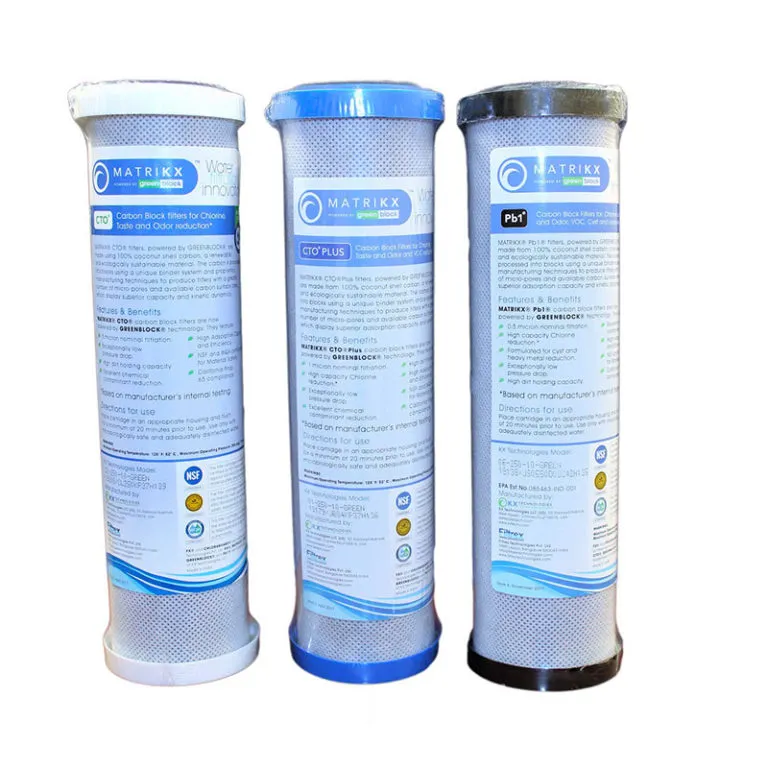 <p>Coconut Shell block carbon<br>Chlorine Taste and Odor Reduction<br>Size 2 &frac34;&rdquo; x 9 &frac34;&rdquo;<br>Certified NSF/ANSI Standard 42, and WQA<br>Certified facility by ISO9001 and ISO14001<br>Individually wrapped</p>
<p>NOW WITH PFAS AND CHLORAMINE REDUCTION</p>
<table id="tablepress-57" class="tablepress tablepress-id-57 small-table">
<thead>
<tr class="row-1 odd">
<th class="column-1">Item Part</th>
<th class="column-2">Removes</th>
<th class="column-3">Micron Nominal</th>
<th class="column-4">Chlorine capacity (gallons)</th>
</tr>
</thead>
<tbody class="row-hover">
<tr class="row-2 even">
<td class="column-1">KX BC-10-CTO</td>
<td class="column-2">Chlorine</td>
<td class="column-3">5</td>
<td class="column-4">8,000</td>
</tr>
<tr class="row-3 odd">
<td class="column-1">KX BC-10-PLUS</td>
<td class="column-2">VOC</td>
<td class="column-3">1</td>
<td class="column-4">20,000</td>
</tr>
<tr class="row-4 even">
<td class="column-1">KX BC-10-PB1</td>
<td class="column-2">Cyst Lead</td>
<td class="column-3">0.5</td>
<td class="column-4">6,000</td>
</tr>
</tbody>
</table>