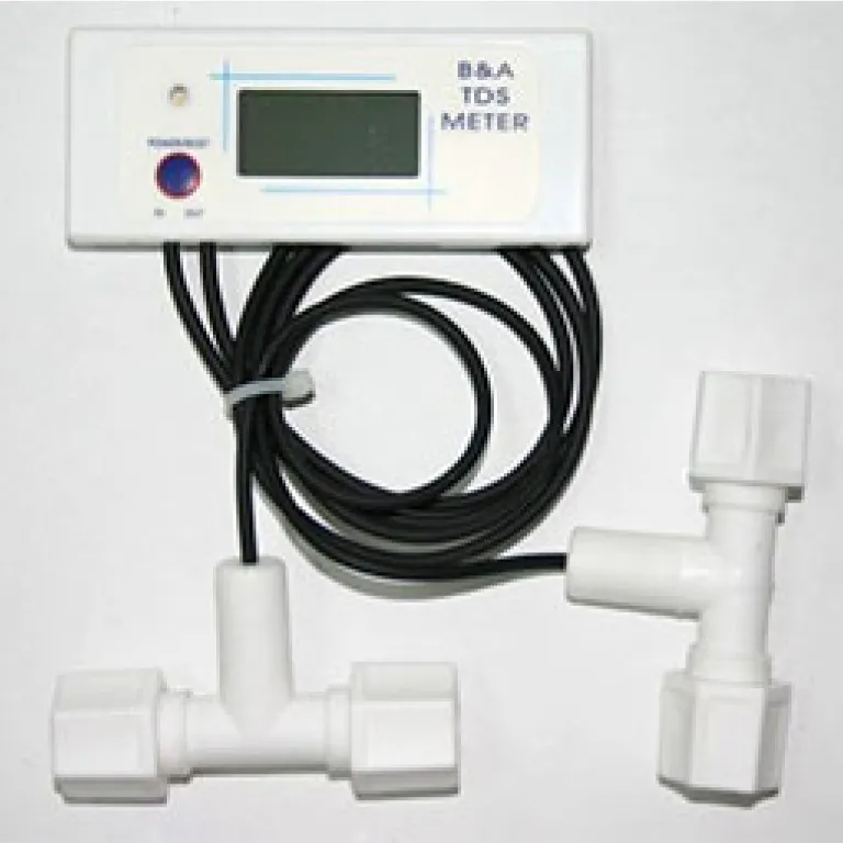 <p>Item Part: <strong>TDS-BA</strong><br>Measure and display TDS on two points of the system (usually before and after RO membrane)<br>Green/Red back-light to indicate removal rate<br>Optional monitoring or continuous mode<br>Range: 0-999 ppm<br>Sensitivity: 1 ppm<br>Dimension: 4&rdquo; x 1.6&rdquo;<br>Thread size: &frac14;&rdquo;<br>Battery operated (3 V Lithium CR2032, included)<br>Includes Velcro and clips for mounting</p>