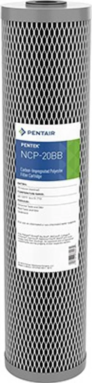 <p>Item #: 155382-43 (NCP-20BB)<br>Dimensions: 20" x 4.5" (Big Blue)<br>Media: Carbon-impregnated non-cellulose (pleated polyester)<br>Core/Netting: Polypropylene<br>Micron Rating: 10 nominal<br>Pressure Drop: 1 psi @ 10 GPM<br>Chlorine Capacity: 1,000 gallons @ 4 GPM<br>Temp Rating: 40&deg;F&ndash;125&deg;F (4.4&deg;C&ndash;51.7&deg;C)<br>Certification: NSF approved (material &amp; structural integrity)<br>Application: City (chlorinated) or well (non-chlorinated) water; ideal for post-RO and closed-loop polishing</p>
<p>Get combined sediment and chlorine taste and odor reduction in one cartridge with the Pentek NCP-20BB (Item #155382-43). Built for standard 20" Big Blue filter housings, this cartridge is constructed from carbon-impregnated non-cellulose (pleated polyester) media, delivering sediment filtration alongside effective taste, odor, and chlorine taste and odor reduction &mdash; all in a single, versatile cartridge.</p>
<p>Unlike traditional cellulose cartridges, the NCP-20BB's non-cellulose media resists bacterial attack, making it suitable for both municipal chlorinated water and non-chlorinated well water applications. Its pleated design provides significantly more surface area than standard wound cartridges, giving it high dirt-loading capacity while maintaining minimal pressure drop &mdash; just 1 psi at 10 GPM &mdash; for strong flow even as the cartridge accumulates sediment.</p>
<p>Rated at a nominal 10 microns with a chlorine taste and odor reduction capacity of 1,000 gallons at 4 GPM, the NCP-20BB is an excellent choice as a polishing filter, in closed-loop streams, or as post-reverse-osmosis and well water filtration. It's NSF approved for material and structural integrity, making it a reliable, versatile option for residential, commercial, and industrial whole house systems.</p>