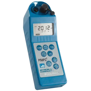 <h3><strong>POOLPRO&trade; Specifications:</strong></h3>
<table>
<tbody>
<tr>
<td><strong>Display: </strong>4 Digit Liquid Crystal Display</td>
</tr>
<tr>
<td><strong>Dimensions:</strong> LxWxH 196 x 68 x 64 mm/ 7.7 x 2.7 x 2.5 in.</td>
</tr>
<tr>
<td><strong>Weight:</strong> 352 g/12.4 oz.</td>
</tr>
<tr>
<td><strong>Case/conductivity cell material:</strong> VALOX&trade;</td>
</tr>
<tr>
<td><strong>Cell capacities (w/o cell extender): </strong>pH/ORP: 1,2 mL/0.04 oz. Cond/TDS/MIN/SALT: 5 mL/0.2 oz.</td>
</tr>
<tr>
<td><strong>Power:</strong> 9V alkaline battery</td>
</tr>
<tr>
<td><strong>Battery life:</strong> &gt;100 hours (5000 readings)</td>
</tr>
<tr>
<td><strong>Operating/storage temperature:</strong> 0 &ndash; 55&deg;C/32 &ndash; 132&deg;F</td>
</tr>
<tr>
<td><strong>Protection Ratings: </strong>IP67/NEMA 6 (waterproof to 1 meter/3 feet)</td>
</tr>
<tr>
<td><strong>EMI/EMC Ratings (Conformit&eacute; Europ&eacute;enne):</strong> IEC 61326-1: 2020; CISPR 11: 2015 +A1: 2016 +A2: 2019; IEC 61000-4-2: 2008; IEC 61000-4-3: 2010; IEC 61000-4-8: 2009; (EU) 2015/863 (RoHS3): +(EU) 2024/232</td>
</tr>
</tbody>
</table>
<h6>*&trade;SABIC INNOVATIVE PLASTICS IP BV</h6>
<h3><strong>Functional Specifications:</strong></h3>
<table>
<tbody>
<tr>
<td><strong>Conductivity</strong></td>
<td>Ranges: 0&ndash;9999 &mu;S/cm; 10&ndash;200 mS/cm; in 5 autoranges</td>
</tr>
<tr>
<td>&nbsp;</td>
<td>Resolution: 0.01(&lt;100 &mu;S); 0.1(&lt;1000 &mu;S); 1(&lt;10 mS); 0.01(&lt;100 mS); 0.1(&lt;200 mS)</td>
</tr>
<tr>
<td>&nbsp;</td>
<td>Accuracy: &plusmn;1% of reading</td>
</tr>
<tr>
<td>&nbsp;</td>
<td>Auto Temperature Compensation: 0&ndash;71&deg;C / 32&ndash;160&deg;F</td>
</tr>
<tr>
<td>&nbsp;</td>
<td>Conductivity/TDS Ratios Preprogrammed: KCl, 442*, NaCl</td>
</tr>
<tr>
<td><strong>TDS</strong></td>
<td>Ranges: 0&ndash;9999 ppm; 10&ndash;200 ppt; in 5 autoranges</td>
</tr>
<tr>
<td>&nbsp;</td>
<td>Resolution: 0.01(&lt;100 ppm); 0.1(&lt;1000 ppm); 1(&lt;10 ppt); 0.01(&lt;100 ppt); 0.1(&lt;200 ppt)</td>
</tr>
<tr>
<td>&nbsp;</td>
<td>Accuracy: &plusmn;1% of reading</td>
</tr>
<tr>
<td>&nbsp;</td>
<td>Auto Temperature Compensation: 0&ndash;71&deg;C / 32&ndash;160&deg;F</td>
</tr>
<tr>
<td>&nbsp;</td>
<td>Conductivity/TDS Ratios Preprogrammed: KCl, 442*, NaCl</td>
</tr>
<tr>
<td><strong>Mineral/Salt</strong></td>
<td>Ranges: 0&ndash;200 ppt; in 5 autoranges</td>
</tr>
<tr>
<td>&nbsp;</td>
<td>Resolution: 0.01(&lt;100 ppm); 0.1(&lt;1000 ppm); 1(&lt;10 ppt); 0.01(&lt;100 ppt); 0.1(&lt;200 ppt)</td>
</tr>
<tr>
<td>&nbsp;</td>
<td>Accuracy: &plusmn;1% of reading</td>
</tr>
<tr>
<td>&nbsp;</td>
<td>Auto Temperature Compensation: 0&ndash;71&deg;C / 32&ndash;160&deg;F</td>
</tr>
<tr>
<td>&nbsp;</td>
<td>Conductivity/TDS Ratios Preprogrammed: KCl, 442*, NaCl</td>
</tr>
<tr>
<td><strong>pH</strong></td>
<td>Ranges: 0&ndash;14 pH</td>
</tr>
<tr>
<td>&nbsp;</td>
<td>Resolution: 0.01 pH</td>
</tr>
<tr>
<td>&nbsp;</td>
<td>Accuracy**: &plusmn;0.01 pH</td>
</tr>
<tr>
<td>&nbsp;</td>
<td>Auto Temperature Compensation: 0&ndash;71&deg;C / 32&ndash;160&deg;F</td>
</tr>
<tr>
<td><strong>ORP</strong></td>
<td>Ranges: &plusmn;999 mV</td>
</tr>
<tr>
<td>&nbsp;</td>
<td>Resolution: 1 mV</td>
</tr>
<tr>
<td>&nbsp;</td>
<td>Accuracy**: &plusmn;1 mV</td>
</tr>
<tr>
<td><strong>Free Chlorine FC<sup>E&trade;</sup></strong></td>
<td>Ranges: 0.00&ndash;9.99 ppm when 350&le;ORPmV&lt;725 and 0.0&le;pH&lt;9.9 and when 725&le;ORPmV&lt;825 and 0.0&le;pH&lt;8.9</td>
</tr>
<tr>
<td>&nbsp;</td>
<td>Resolution: 0.01 ppm</td>
</tr>
<tr>
<td>&nbsp;</td>
<td>Accuracy**: &lt;1.00ppm &plusmn;0.3ppm and &ge;1.00ppm &plusmn;0.2ppm</td>
</tr>
<tr>
<td>&nbsp;</td>
<td>Auto Temperature Compensation: 0&ndash;71&deg;C / 32&ndash;160&deg;F</td>
</tr>
<tr>
<td><strong>Alkalinity Titration</strong></td>
<td>Ranges: 10-800 ppm</td>
</tr>
<tr>
<td>&nbsp;</td>
<td>Resolution: 0.1 ppm</td>
</tr>
<tr>
<td><strong>Hardness Titration</strong></td>
<td>Ranges: 0-1710 ppm / 0-100 grains</td>
</tr>
<tr>
<td>&nbsp;</td>
<td>Resolution: 0.1(&lt;1000 ppm); 1(&lt;1710 ppm); 0.1(&lt;100 grains)</td>
</tr>
<tr>
<td><strong>LSI Calculator</strong></td>
<td>Ranges: -10 to +10</td>
</tr>
<tr>
<td>&nbsp;</td>
<td>Resolution: 0.01</td>
</tr>
<tr>
<td><strong>Temperature</strong></td>
<td>Ranges: 0&ndash;71&deg;C / 32&ndash;160&deg;F</td>
</tr>
<tr>
<td>&nbsp;</td>
<td>Resolution: 0.1&deg;C/F</td>
</tr>
<tr>
<td>&nbsp;</td>
<td>Accuracy: &plusmn;0.1&deg;C</td>
</tr>
</tbody>
</table>
<h6>*442 Natural Water Standard&trade; Myron L&reg; Company<br>**EM Susceptibility: When measuring 4.00 pH Buffer in 3.5 molar KCl:<br>&nbsp;&nbsp;&nbsp;&nbsp;&nbsp;&nbsp;&nbsp;&nbsp;&plusmn; 0.2 pH in the presence or RF fields &ge; 3 V/m.<br>&nbsp;&nbsp;&nbsp;&nbsp;&nbsp;&nbsp;&nbsp;&nbsp;&plusmn; 0.37 pH in the presence of RF fields &ge; 3 V/m at 300 MHz (&plusmn; 30 MHz) and 625 MHz (&plusmn; 50 MHz ).</h6>