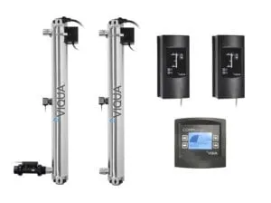 <table>
<tbody>
<tr>
<td>Flow Rates</td>
<td>&nbsp;</td>
<td>&nbsp;</td>
</tr>
<tr>
<td>&nbsp;</td>
<td>186mJ/cm<sup>2</sup></td>
<td>186 mJ/cm<sup>2</sup>: 24 GPM (90 lpm)</td>
</tr>
<tr>
<td>Specifications</td>
<td>&nbsp;</td>
<td>&nbsp;</td>
</tr>
<tr>
<td>&nbsp;</td>
<td>Dimensions</td>
<td>41&Prime; x 18&Prime; (103 cm x 45 cm)</td>
</tr>
<tr>
<td>&nbsp;</td>
<td>Shipping Weight lbs (kg)</td>
<td>63 lbs (29 kg)</td>
</tr>
<tr>
<td>&nbsp;</td>
<td>Connection Size</td>
<td>1 1/4&Prime; MNPT x 1&Prime; FNPT COMBO</td>
</tr>
<tr>
<td>&nbsp;</td>
<td>Power Consumption</td>
<td>460W</td>
</tr>
</tbody>
</table>