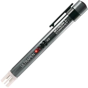 <h3>ULTRAPENx2&trade; PTBT1 Specifications:</h3>
<table width="1278">
<tbody>
<tr>
<td>System Requirements:</td>
<td>Myron&nbsp;L<sup>&reg;</sup> Company PTBTX2&trade; App: Apple iOS 10.0 or later; Android OS 7.0 or later.</td>
</tr>
<tr>
<td>Measurement Range:</td>
<td>Conductivity &amp; TDS: 1-9999 &micro;S or ppm; Salinity: 0.0010-9.999 ppt;
<p>&nbsp;</p>
<p>Temperature: 0&deg;-71&deg;C / 32&deg;-160&deg;F</p>
</td>
</tr>
<tr>
<td>Accuracy (After Wet Calibration):</td>
<td>&plusmn; 1% of Reading; Temperature: &plusmn; 0.1&ordm;C</td>
</tr>
<tr>
<td>Resolution:</td>
<td>Conductivity and TDS: 0.1 for 1.0 &ndash; 99.9 &micro;S or ppm&nbsp;
<p>&nbsp;</p>
<p>1 for 100 &ndash; 9,999 &micro;S or ppm</p>
<p>Salinity: 0.0001 for 0.0010 &ndash; 0.0999 ppt</p>
<p>&nbsp;0.001 for 0.100 &ndash; 9.999 ppt</p>
<p>Temperature: 0.1&ordm;C or&ordm;F&nbsp;</p>
</td>
</tr>
<tr>
<td>Repeatability:</td>
<td>&lt;1000 &micro;S or ppm &plusmn; 1 Count
<p>&nbsp;</p>
<p>&ge; 1000 &micro;S or ppm &plusmn; 0.3% of Reading&nbsp;</p>
</td>
</tr>
<tr>
<td>Time to Reading Stabilization:</td>
<td>10 &ndash; 20 seconds</td>
</tr>
<tr>
<td>Power Consumption:</td>
<td>Active Mode: 30 &ndash; 140 mA, Sleep Mode: 2 &micro;A</td>
</tr>
<tr>
<td>Temperature Compensation Method:</td>
<td>Automatic to 25&ordm;C</td>
</tr>
<tr>
<td>Physical Dimensions:</td>
<td>17.15 cm L x 1.59 cm D or 6.75 in. L x .625 in. D&nbsp;</td>
</tr>
<tr>
<td>Weight:</td>
<td>55 g or 1.94 oz.</td>
</tr>
<tr>
<td>Case Material:</td>
<td>Anodized Aircraft Aluminum with Protective Coating</td>
</tr>
<tr>
<td>Battery Type:</td>
<td>One N type, Alkaline 1.5 V</td>
</tr>
<tr>
<td>Calibration Standard Solution:</td>
<td>KCl: 1800 &micro;S for COND; 442&trade;: 3000 ppm (2027 ppm NaCl) for TDS and Salinity</td>
</tr>
<tr>
<td>Operating/Storage Temperature:</td>
<td>0 &ndash; 55&ordm;C or 32 &ndash; 131&ordm;F</td>
</tr>
<tr>
<td>Water Resistance:</td>
<td>IP67 and NEMA 6</td>
</tr>
<tr>
<td>EN61236-1: 2006 &ndash; Annex A: 2008;&nbsp;</td>
<td>Electrostatic discharge to the PTBT1 may cause it to spontaneously power on.
<p>&nbsp;</p>
<p>If this occurs, the PTBT1 will power off after several seconds.</p>
</td>
</tr>
<tr>
<td>FCC ID: T7VPAN17</td>
<td>The Bluetooth transceiver device meets the requirements for modular transmitter
<p>&nbsp;</p>
<p>approval as detailed in FCC Public Notice DA00-1407.</p>
</td>
</tr>
<tr>
<td>Canada (IC), license:
<p>&nbsp;</p>
<p>IC: 216Q-PAN17</p>
</td>
<td>The Bluetooth transceiver device meets the requirements for modular transmitter
<p>&nbsp;</p>
<p>approval as detailed in RSS-GEN.&nbsp;</p>
</td>
</tr>
</tbody>
</table>
<h3><strong>ULTRAPENx2&trade; PTBT1 Functions:</strong></h3>
<table>
<tbody>
<tr>
<td><strong>MODE</strong></td>
<td><strong>PARAMETER</strong></td>
<td><strong>SOLUTION MODEL</strong></td>
<td><strong>UNITS</strong></td>
</tr>
<tr>
<td>Cond <span style="font-weight: 400;">KCl&nbsp;</span></td>
<td>Conductivity</td>
<td>potassium chloride</td>
<td>microsiemens (&micro;S)</td>
</tr>
<tr>
<td>TDS <span style="font-weight: 400;">442</span></td>
<td>Total Dissolved Solids (TDS)</td>
<td>Myron&nbsp;L<sup>&reg;</sup>&nbsp;Company, 442 Natural Water&trade; Standard Solution</td>
<td>parts per million (ppm)</td>
</tr>
<tr>
<td>TDS<span style="font-weight: 400;"> NaCl</span></td>
<td>Total Dissolved Solids (TDS)</td>
<td>sodium chloride</td>
<td>parts per million (ppm)</td>
</tr>
<tr>
<td>SAL<span style="font-weight: 400;"> 442</span></td>
<td>Salinity (SAL)</td>
<td>Myron&nbsp;L<sup>&reg;</sup>&nbsp;Company, 442 Natural Water&trade; Standard Solution</td>
<td>parts per thousand (ppt)</td>
</tr>
<tr>
<td>SAL<span style="font-weight: 400;"> NaCl</span></td>
<td>Salinity (SAL)</td>
<td>sodium chloride</td>
<td>parts per thousand (ppt)</td>
</tr>
</tbody>
</table>