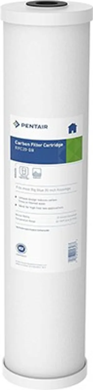 <p>Item #: 155247-43 (RFC20-BB)<br>Dimensions: 4.50" x 20" (Big Blue)<br>Media: Granular activated carbon (GAC)<br>Outer Shell: 70-micron porous polyethylene<br>Core: Spun polypropylene<br>Pressure Drop: 0.90 psi @ 4 GPM<br>Chlorine Capacity: &gt;100,000 gallons @ 4 GPM<br>Certification: NSF/ANSI Standard 42 (material requirements)<br>Temp Rating: 40&deg;F&ndash;125&deg;F (4.4&deg;C&ndash;51.7&deg;C)</p>
<p>Maximize whole house chlorine taste and odor reduction with the Pentek RFC20-BB radial flow carbon cartridge (Item #155247-43). Sized for standard 20" Big Blue filter housings, this cartridge is built with a bed of granular activated carbon (GAC) sandwiched between a spun polypropylene core and a 70-micron porous polyethylene outer shell, delivering the adsorption benefits of GAC filtration at high flow rates ideal for point-of-entry applications.</p>
<p>The radial flow design directs water evenly through the carbon bed, offering low pressure drop while significantly reducing the carbon fines that typically escape from conventional GAC-style cartridges &mdash; meaning cleaner-running water without the black carbon dust common to standard granular carbon filters.</p>
<p>Rated for over 100,000 gallons of chlorine taste and odor reduction at 4 GPM with an initial pressure drop of only 0.90 psi, the RFC20-BB is well-suited for larger households and higher water-demand systems. It's tested and certified by NSF International to NSF/ANSI Standard 42 for material requirements, and works well as a high-capacity carbon stage in a multi-stage whole house filtration setup alongside sediment or iron-reduction cartridges.</p>