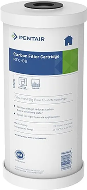 <p>Item #: 155141-43 (RFC-BB)<br>Dimensions: 4.50" x 9.75" (Big Blue)<br>Media: Granular activated carbon (GAC)<br>Outer Shell: 70-micron porous polyethylene<br>Core: Spun polypropylene<br>Pressure Drop: 0.90 psi @ 2 GPM<br>Chlorine Capacity: &gt;50,000 gallons @ 2 GPM<br>Certification: NSF/ANSI Standard 42 (material requirements)<br>Temp Rating: 40&deg;F&ndash;125&deg;F (4.4&deg;C&ndash;51.7&deg;C)</p>
<p>Deliver whole house chlorine taste and odor reduction with minimal pressure loss using the Pentek RFC-BB radial flow carbon cartridge (Item #155141-43). Built for standard 10" Big Blue filter housings, this cartridge uses a bed of granular activated carbon (GAC) sandwiched between a durable spun polypropylene core and a 70-micron porous polyethylene outer shell, delivering the benefits of GAC filtration in a high-flow, point-of-entry design.</p>
<p>The unique radial flow design channels water through the full carbon bed while significantly reducing the release of carbon fines commonly associated with standard GAC cartridges &mdash; a common issue with conventional granular carbon filters. This means better filtration performance without the black carbon dust sometimes seen after installing GAC cartridges.</p>
<p>Rated for over 50,000 gallons of chlorine taste and odor reduction at 2 GPM with an initial pressure drop of just 0.90 psi, the RFC-BB is ideal for high-flow whole house applications where consistent water pressure matters. It's tested and certified by NSF International to NSF/ANSI Standard 42 for material requirements, and pairs well as a carbon stage alongside sediment or iron-reduction pre-filters in a multi-stage whole house system.</p>