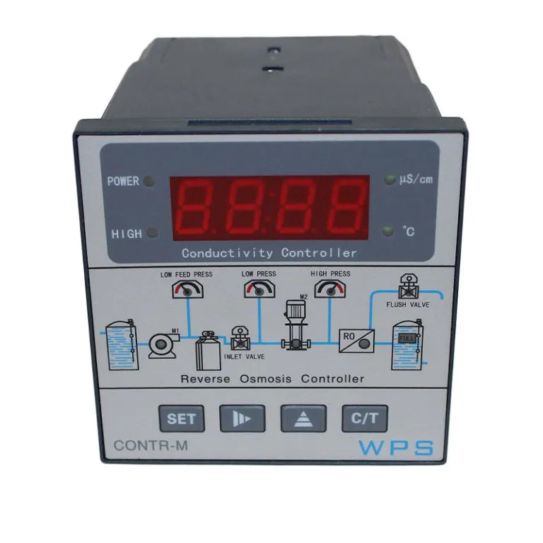 <p>Item Part: <strong>CONTR-M</strong><br>RO controller with conductivity meter<br>Shows operation status of a reverse osmosis system through flow diagram<br>Combine PLC functions with TDS meter<br>Ready to be used with level control switch on storage tank<br>External lockout input<br>Remote operation capable<br>Programmable auto fast-flush cycle<br>TDS sensor with automatic temperature<br>compensation included (5 m cable)<br>Process controlled:</p>
<ul>
<li>Low inlet flow</li>
<li>Low inlet pressure</li>
<li>Inlet valve</li>
<li>High pressure pump</li>
<li>High conductivity level</li>
<li>High level of water on tank</li>
<li>Flush valve</li>
<li>Measuring range: 0~200 &micro;S/cm</li>
</ul>
<p>Dimensions: 3.8&rdquo; x 3.8&rdquo; x 5.1&rdquo; (HxWxD)<br>Hole size on panel: 3.6&rdquo; x 3.6&rdquo;<br>Power: 110 V or 220 V, 50 Hz</p>