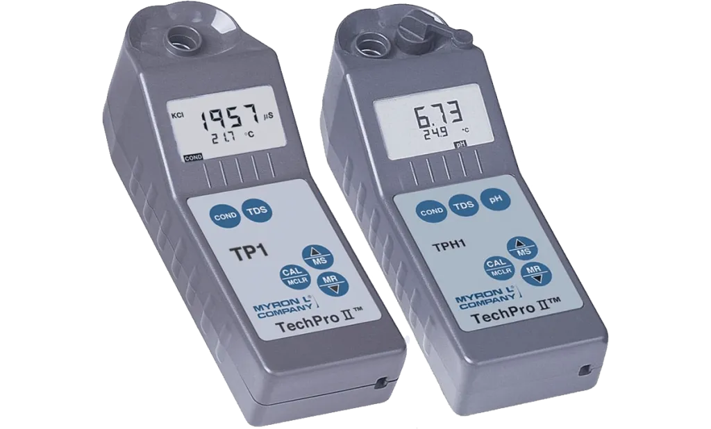 <h3><strong>TechPro II&trade; Specifications:</strong></h3>
<table>
<tbody>
<tr>
<td>Display:</td>
<td>4 Digit Liquid Crystal Display</td>
</tr>
<tr>
<td>Dimensions:</td>
<td>196 x 68 x 64 mm/7.7 x 2.7 x 2.5 in</td>
</tr>
<tr>
<td>Weight:</td>
<td>320 g/11.2 oz.</td>
</tr>
<tr>
<td>Case/Cell Material:</td>
<td>Valox</td>
</tr>
<tr>
<td>Cond/TDS Cell Capacity:</td>
<td>5 ml/0.2 oz.</td>
</tr>
<tr>
<td>pH Sensor Well Capacity:</td>
<td>1.2 ml/0.04 oz.&nbsp;</td>
</tr>
<tr>
<td>Power:</td>
<td>9V alkaline battery</td>
</tr>
<tr>
<td>Battery Life:</td>
<td>&gt;100 hours (5000 readings)</td>
</tr>
<tr>
<td>Operating/Storage Temperature:</td>
<td>0 &ndash; 55&deg;C/32 &ndash; 132&deg;F</td>
</tr>
<tr>
<td>Protection Ratings:</td>
<td>IP67/NEMA 6 WATERPROOF</td>
</tr>
</tbody>
</table>
<h3><strong>TechPro II&trade; Parameters:</strong></h3>
<h4><strong>Ranges:</strong></h4>
<table>
<tbody>
<tr>
<td><strong>Model</strong></td>
<td><strong>Conductivity</strong></td>
<td><strong>TDS</strong></td>
<td><strong>pH</strong></td>
<td><strong>TC &ndash; 25&deg;C/77&deg;F&nbsp;</strong></td>
</tr>
<tr>
<td><strong>TP1</strong></td>
<td>0 &ndash; 9999 &micro;S
<p>&nbsp;</p>
<p>10 &ndash; 20.00 mS&nbsp;</p>
</td>
<td>0 &ndash; 9999 ppm
<p>&nbsp;</p>
<p>10 &ndash; 20.00 ppt</p>
</td>
<td>&mdash;&nbsp;</td>
<td>0 &ndash; 71&deg;C&nbsp;
<p>&nbsp;</p>
<p>32 &ndash; 160&deg;F</p>
</td>
</tr>
<tr>
<td><strong>TPH1</strong></td>
<td>0 &ndash; 9999 &micro;S&nbsp;
<p>&nbsp;</p>
<p>10 &ndash; 20.00 mS</p>
</td>
<td>0 &ndash; 9999 ppm
<p>&nbsp;</p>
<p>10 &ndash; 20.00 ppt&nbsp;</p>
</td>
<td>0 &ndash; 14&nbsp;</td>
<td>0 &ndash; 71&deg;C
<p>&nbsp;</p>
<p>32 &ndash; 160&deg;F&nbsp;</p>
</td>
</tr>
</tbody>
</table>
<h3><strong>Accuracy:</strong></h3>
<table>
<tbody>
<tr>
<td><strong>Model</strong></td>
<td><strong>Conductivity/TDS</strong></td>
<td><strong>pH</strong></td>
<td><strong>Temperature Reading</strong></td>
</tr>
<tr>
<td><strong>TP1</strong></td>
<td>&plusmn;1% of reading&nbsp;</td>
<td>&mdash;&nbsp;</td>
<td>&plusmn;0.1&deg;C/F</td>
</tr>
<tr>
<td><strong>TPH1</strong></td>
<td>&plusmn;1% of reading&nbsp;</td>
<td>&plusmn;0.02 pH</td>
<td>&plusmn;0.1&deg;C/F</td>
</tr>
</tbody>
</table>