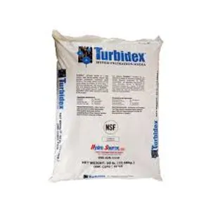<p>Turbidex is composed of aluminosilicate mineral with high surface area that provides a exceptional filtration of suspended solids. The macroporous nature of this filter medium allows the filter reach a filtration rating of 5 micron particles. The irregular and high porosity surface of Turbidex makes it the perfect filter media for removing suspended solids.<br>&ndash; Produces less water turbidity.<br>&ndash; Reduces the total operating cost.<br>&ndash; Reduces backwash up to 50%.<br>&ndash; Less shipping cost compared to other filter media.<br>&ndash; A single medium replaces several layers of other filter media.<br>&ndash; Turbidex is certified NSF Standard 61</p>
<p>Item Part: <strong>TURBIDEX</strong><br>Sediment removal media down to 3-5 micron<br>Superior turbidity reduction down to 1 NTU<br>Flow up to 15 gpm/ft 2<br>NSF Certified<br>Packed on 50 lb. bag</p>