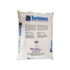 <p>Turbidex is composed of aluminosilicate mineral with high surface area that provides a exceptional filtration of suspended solids. The macroporous nature of this filter medium allows the filter reach a filtration rating of 5 micron particles. The irregular and high porosity surface of Turbidex makes it the perfect filter media for removing suspended solids.<br>&ndash; Produces less water turbidity.<br>&ndash; Reduces the total operating cost.<br>&ndash; Reduces backwash up to 50%.<br>&ndash; Less shipping cost compared to other filter media.<br>&ndash; A single medium replaces several layers of other filter media.<br>&ndash; Turbidex is certified NSF Standard 61</p>
<p>Item Part: <strong>TURBIDEX</strong><br>Sediment removal media down to 3-5 micron<br>Superior turbidity reduction down to 1 NTU<br>Flow up to 15 gpm/ft 2<br>NSF Certified<br>Packed on 50 lb. bag</p>