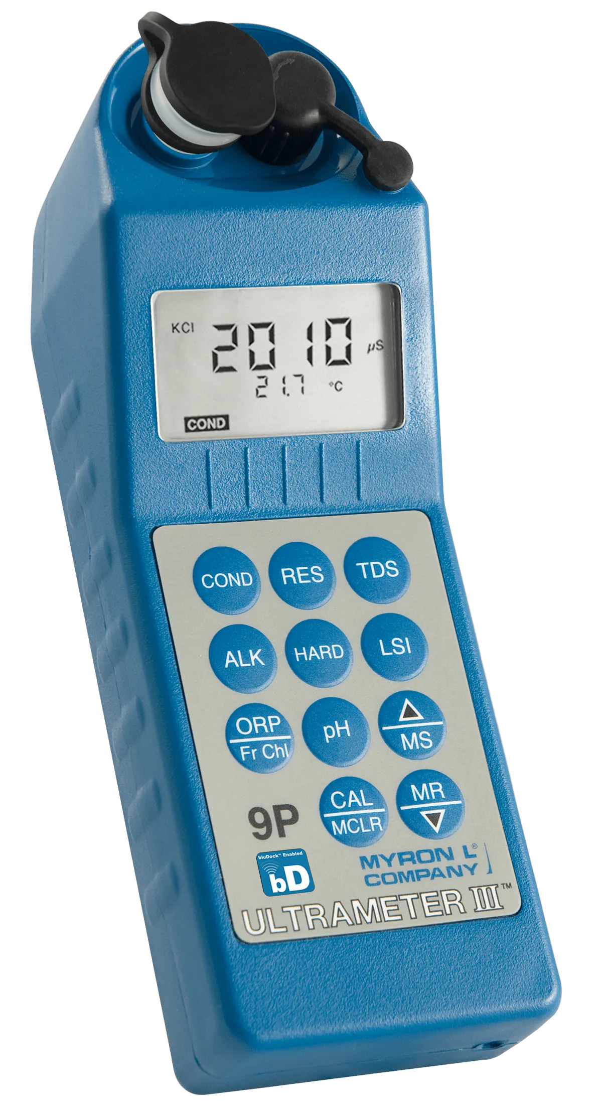 <table>
<tbody>
<tr>
<td><strong>ULTRAMETER III 9P&trade;</strong></td>
<td><strong>Hard Carry Case Kit</strong></td>
</tr>
<tr>
<td><strong>Display: </strong>4 Digit LCD</td>
<td><strong>Outer Material: </strong>ABS plastic</td>
</tr>
<tr>
<td><strong>Dimensions (LxWxH): </strong>196 x 68 x 64 mm/7.7 x 2.7 x 2.5 in.</td>
<td><strong>Inner Material: </strong>Foam</td>
</tr>
<tr>
<td><strong>Weight: </strong>352 g/12.4 oz.</td>
<td><strong>Dimensions: </strong>L x W x D: 13.6 x 10 x 5.4 in./346 x 254 x 137 mm</td>
</tr>
<tr>
<td><strong>Case/Cell Material: </strong>VALOX&reg;*</td>
<td>* &reg; Sabic Innovative Plastics IP BV</td>
</tr>
<tr>
<td><strong>Cell Capacities (w/o cell extender): </strong>pH/ORP 1,2 mL/0.04 oz.&nbsp;
<p>&nbsp;</p>
<p>Cond/TDS/Res: 5 mL/0.2 oz.</p>
</td>
<td>&nbsp;</td>
</tr>
<tr>
<td><strong>Power: </strong>9v Alkaline Battery</td>
<td>&nbsp;</td>
</tr>
<tr>
<td><strong>Battery Life: </strong>100 Hours/5000 Readings</td>
<td>&nbsp;</td>
</tr>
<tr>
<td><strong>Operating/Storage Temperature: </strong>0-55&deg;C/32-132&deg;F</td>
<td>&nbsp;</td>
</tr>
<tr>
<td><strong>Protection Ratings: </strong>IP67/NEMA 6 (waterproof to 1 meter/3 feet)</td>
<td>&nbsp;</td>
</tr>
<tr>
<td><strong>EMI/EMC Ratings (Conformit&eacute; Europ&eacute;enne):</strong> IEC 61326-1: 2020; CISPR 11: 2015 +A1: 2016 +A2: 2019; IEC 61000-4-2: 2008; IEC 61000-4-3: 2010; IEC 61000-4-8: 2009; (EU) 2015/863 (RoHS3): +(EU) 2024/232</td>
</tr>
</tbody>
</table>
<h3><strong>Functional Specifications:</strong></h3>
<table>
<tbody>
<tr>
<td><strong>Conductivity</strong></td>
<td>Ranges: 0&ndash;9999 &mu;S/cm; 10&ndash;200 mS/cm; in 5 autoranges</td>
</tr>
<tr>
<td>&nbsp;</td>
<td>Resolution: 0.01(&lt;100 &mu;S); 0.1(&lt;1000 &mu;S); 1(&lt;10 mS); 0.01(&lt;100 mS); 0.1(&lt;200 mS)</td>
</tr>
<tr>
<td>&nbsp;</td>
<td>Accuracy: &plusmn;1% of reading</td>
</tr>
<tr>
<td>&nbsp;</td>
<td>Auto Temperature Compensation: 0&ndash;71&deg;C / 32&ndash;160&deg;F</td>
</tr>
<tr>
<td>&nbsp;</td>
<td>Adjustable Temperature Compensation to 25&deg;C: 0&ndash;9.99%/&deg;C</td>
</tr>
<tr>
<td>&nbsp;</td>
<td>Conductivity/TDS Ratios Preprogrammed: KCl, 442*, NaCl</td>
</tr>
<tr>
<td>&nbsp;</td>
<td>Adjustable Conductivity/TDS Ratio Factor: 0.20&ndash;7.99</td>
</tr>
<tr>
<td><strong>TDS</strong></td>
<td>Ranges: 0&ndash;9999 ppm; 10&ndash;200 ppt; in 5 autoranges</td>
</tr>
<tr>
<td>&nbsp;</td>
<td>Resolution: 0.01(&lt;100 ppm); 0.1(&lt;1000 ppm); 1(&lt;10 ppt); 0.01(&lt;100 ppt); 0.1(&lt;200 ppt)</td>
</tr>
<tr>
<td>&nbsp;</td>
<td>Accuracy: &plusmn;1% of reading</td>
</tr>
<tr>
<td>&nbsp;</td>
<td>Auto Temperature Compensation: 0&ndash;71&deg;C / 32&ndash;160&deg;F</td>
</tr>
<tr>
<td>&nbsp;</td>
<td>Adjustable Temperature Compensation to 25&deg;C: 0&ndash;9.99%/&deg;C</td>
</tr>
<tr>
<td>&nbsp;</td>
<td>Conductivity/TDS Ratios Preprogrammed: KCl, 442*, NaCl</td>
</tr>
<tr>
<td>&nbsp;</td>
<td>Adjustable Conductivity/TDS Ratio Factor: 0.20&ndash;7.99</td>
</tr>
<tr>
<td><strong>Resistivity</strong></td>
<td>Ranges: 10 K&Omega;&ndash;30 M&Omega;</td>
</tr>
<tr>
<td>&nbsp;</td>
<td>Resolution: 0.01(&lt;100 K&Omega;); 0.1(&lt;1000 K&Omega;); 0.1(&gt;1 M&Omega;)</td>
</tr>
<tr>
<td>&nbsp;</td>
<td>Accuracy: &plusmn;1% of reading</td>
</tr>
<tr>
<td>&nbsp;</td>
<td>Auto Temperature Compensation: 0&ndash;71&deg;C / 32&ndash;160&deg;F</td>
</tr>
<tr>
<td>&nbsp;</td>
<td>Adjustable Temperature Compensation to 25&deg;C: 0&ndash;9.99%/&deg;C</td>
</tr>
<tr>
<td><strong>pH</strong></td>
<td>Ranges: 0&ndash;14 pH</td>
</tr>
<tr>
<td>&nbsp;</td>
<td>Resolution: 0.01 pH</td>
</tr>
<tr>
<td>&nbsp;</td>
<td>Accuracy**: &plusmn;0.01 pH</td>
</tr>
<tr>
<td>&nbsp;</td>
<td>Auto Temperature Compensation: 0&ndash;71&deg;C / 32&ndash;160&deg;F</td>
</tr>
<tr>
<td><strong>ORP</strong></td>
<td>Ranges: &plusmn;999 mV</td>
</tr>
<tr>
<td>&nbsp;</td>
<td>Resolution: 1 mV</td>
</tr>
<tr>
<td>&nbsp;</td>
<td>Accuracy**: &plusmn;1 mV</td>
</tr>
<tr>
<td><strong>Free Chlorine FC<sup>E&trade;</sup></strong></td>
<td>Ranges: 0.00&ndash;9.99 ppm when 350&le;ORPmV&lt;725 and 0.0&le;pH&lt;9.9 and when 725&le;ORPmV&lt;825 and 0.0&le;pH&lt;8.9</td>
</tr>
<tr>
<td>&nbsp;</td>
<td>Resolution: 0.01 ppm</td>
</tr>
<tr>
<td>&nbsp;</td>
<td>Accuracy**: &lt;1.00ppm &plusmn;0.3ppm and &ge;1.00ppm &plusmn;0.2ppm</td>
</tr>
<tr>
<td>&nbsp;</td>
<td>Auto Temperature Compensation: 0&ndash;71&deg;C / 32&ndash;160&deg;F</td>
</tr>
<tr>
<td><strong>Alkalinity Titration</strong></td>
<td>Ranges: 10-800 ppm</td>
</tr>
<tr>
<td>&nbsp;</td>
<td>Resolution: 0.1 ppm</td>
</tr>
<tr>
<td><strong>Hardness Titration</strong></td>
<td>Ranges: 0-1710 ppm / 0-100 grains</td>
</tr>
<tr>
<td>&nbsp;</td>
<td>Resolution: 0.1(&lt;1000 ppm); 1(&lt;1710 ppm); 0.1(&lt;100 grains)</td>
</tr>
<tr>
<td><strong>LSI Calculator</strong></td>
<td>Ranges: -10 to +10</td>
</tr>
<tr>
<td>&nbsp;</td>
<td>Resolution: 0.01</td>
</tr>
<tr>
<td><strong>Temperature</strong></td>
<td>Ranges: 0&ndash;71&deg;C / 32&ndash;160&deg;F</td>
</tr>
<tr>
<td>&nbsp;</td>
<td>Resolution: 0.1&deg;C/F</td>
</tr>
<tr>
<td>&nbsp;</td>
<td>Accuracy: &plusmn;0.1&deg;C</td>
</tr>
</tbody>
</table>
<h6>*442 Natural Water Standard&trade; Myron L&reg; Company<br>**EM Susceptibility: When measuring 4.00 pH Buffer in 3.5 molar KCl:<br>&nbsp;&nbsp;&nbsp;&nbsp;&nbsp;&nbsp;&nbsp;&nbsp;&plusmn; 0.2 pH in the presence or RF fields &ge; 3 V/m.<br>&nbsp;&nbsp;&nbsp;&nbsp;&nbsp;&nbsp;&nbsp;&nbsp;&plusmn; 0.37 pH in the presence of RF fields &ge; 3 V/m at 300 MHz (&plusmn; 30 MHz) and 625 MHz (&plusmn; 50 MHz ).</h6>