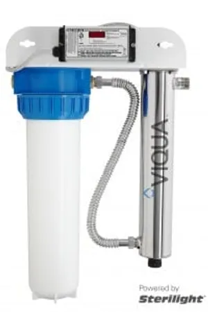 <table>
<tbody>
<tr>
<td>Flow Rates</td>
<td>&nbsp;</td>
<td>&nbsp;</td>
</tr>
<tr>
<td>&nbsp;</td>
<td>16mJ/cm<sup>2</sup></td>
<td>34 GPM (130 lpm) (7.8 m<sup>3</sup>/hr)</td>
</tr>
<tr>
<td>&nbsp;</td>
<td>30mJ/cm<sup>2</sup></td>
<td>18 GPM (70 lpm) (4.2 m<sup>3</sup>/hr)</td>
</tr>
<tr>
<td>&nbsp;</td>
<td>40mJ/cm<sup>2</sup></td>
<td>14 GPM (54 lpm) (3.3 m<sup>3</sup>/hr)</td>
</tr>
<tr>
<td>Specifications</td>
<td>&nbsp;</td>
<td>&nbsp;</td>
</tr>
<tr>
<td>&nbsp;</td>
<td>Dimensions</td>
<td>17&Prime; x 10 1/2&Prime; x 28&Prime; (43 cm x 26 cm x 71 cm)</td>
</tr>
<tr>
<td>&nbsp;</td>
<td>Shipping Weight lbs (kg)</td>
<td>32 lbs (14.5 kg)</td>
</tr>
<tr>
<td>&nbsp;</td>
<td>Connection Size</td>
<td>1&Prime;MNPT INLET / 1&Prime; x 3/4&Prime; COMBO OUTLET (/2B &ndash; BSP)</td>
</tr>
<tr>
<td>&nbsp;</td>
<td>Power Consumption</td>
<td>60W</td>
</tr>
</tbody>
</table>
