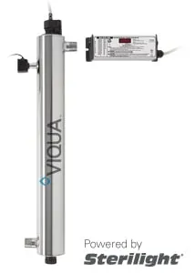 <table>
<tbody>
<tr>
<td>Treatment Flow Rates</td>
<td>&nbsp;</td>
<td>&nbsp;</td>
</tr>
<tr>
<td>&nbsp;</td>
<td>16mJ/cm<sup>2</sup></td>
<td>40 GPM (150 lpm) (9.0 m<sup>3</sup>/hr)</td>
</tr>
<tr>
<td>&nbsp;</td>
<td>30mJ/cm<sup>2</sup></td>
<td>24 GPM (91 lpm) (5.5 m<sup>3</sup>/hr)</td>
</tr>
<tr>
<td>&nbsp;</td>
<td>40mJ/cm<sup>2</sup></td>
<td>18 GPM (68 lpm) (4.1 m<sup>3</sup>/hr)</td>
</tr>
<tr>
<td>Specifications</td>
<td>&nbsp;</td>
<td>&nbsp;</td>
</tr>
<tr>
<td>&nbsp;</td>
<td>Dimensions</td>
<td>30 2/3&Prime; x 3 1/2&Prime; (78 cm x 8.9 cm)</td>
</tr>
<tr>
<td>&nbsp;</td>
<td>Shipping Weight lbs (kg)</td>
<td>19 lbs (8.6 kg)</td>
</tr>
<tr>
<td>&nbsp;</td>
<td>Connection Size</td>
<td>1&Prime; MNPT (/2B &ndash; BSP)</td>
</tr>
<tr>
<td>&nbsp;</td>
<td>Power Consumption</td>
<td>70W</td>
</tr>
</tbody>
</table>